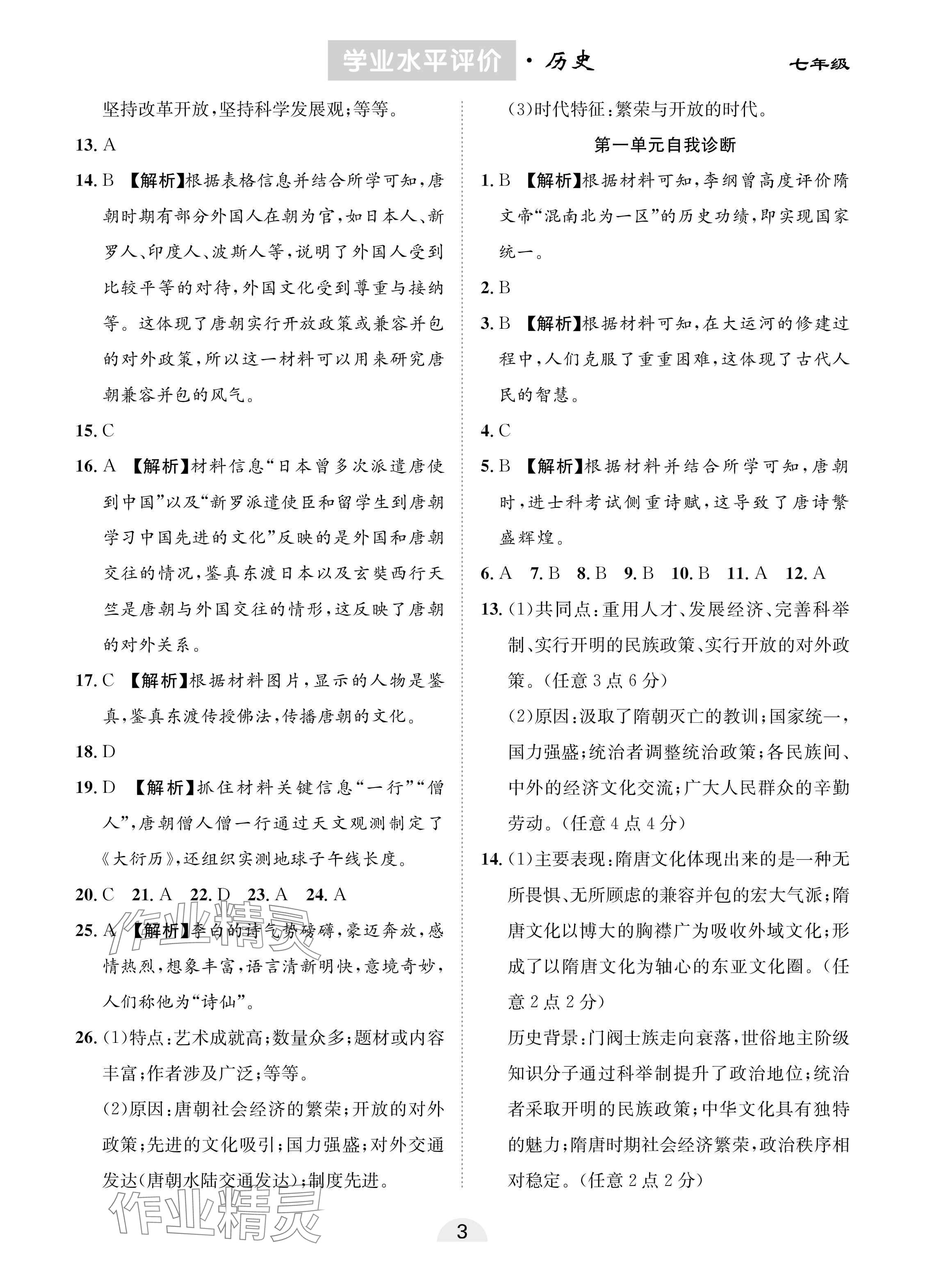 2025年學(xué)業(yè)水平評價(jià)同步檢測卷七年級歷史下冊人教版 參考答案第3頁