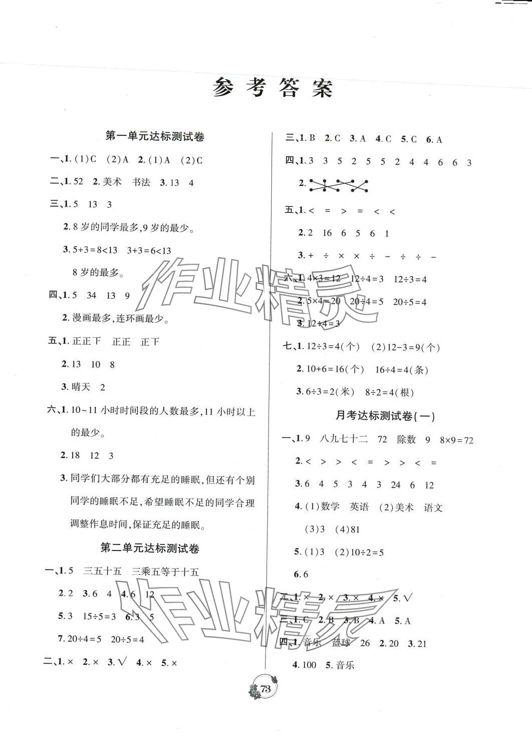 2024年名校點(diǎn)金卷黑龍江美術(shù)出版社二年級(jí)數(shù)學(xué)下冊(cè)人教版 參考答案第1頁