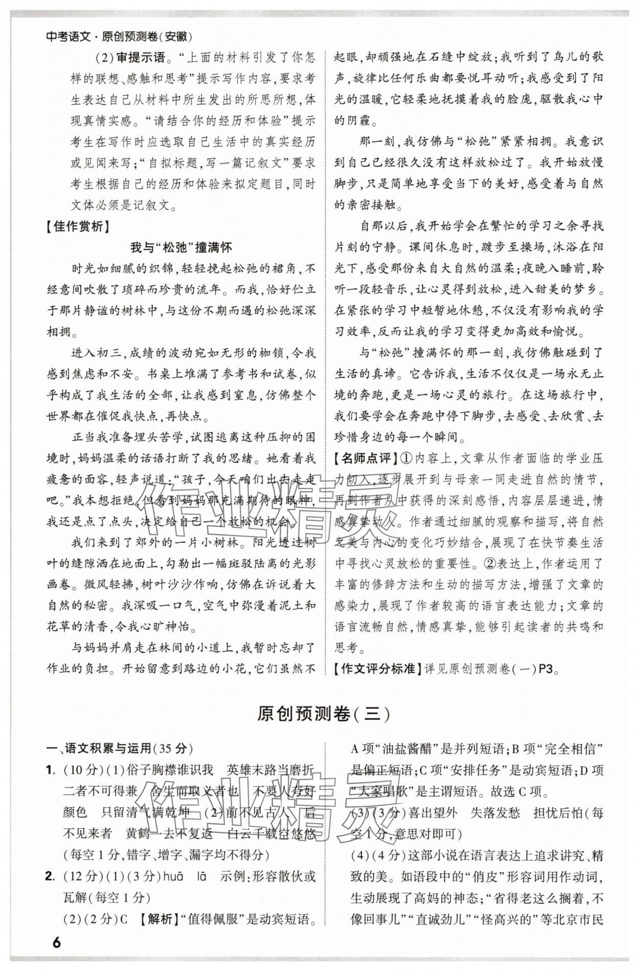 2025年萬唯中考原創(chuàng)預(yù)測卷語文中考安徽專版 參考答案第6頁