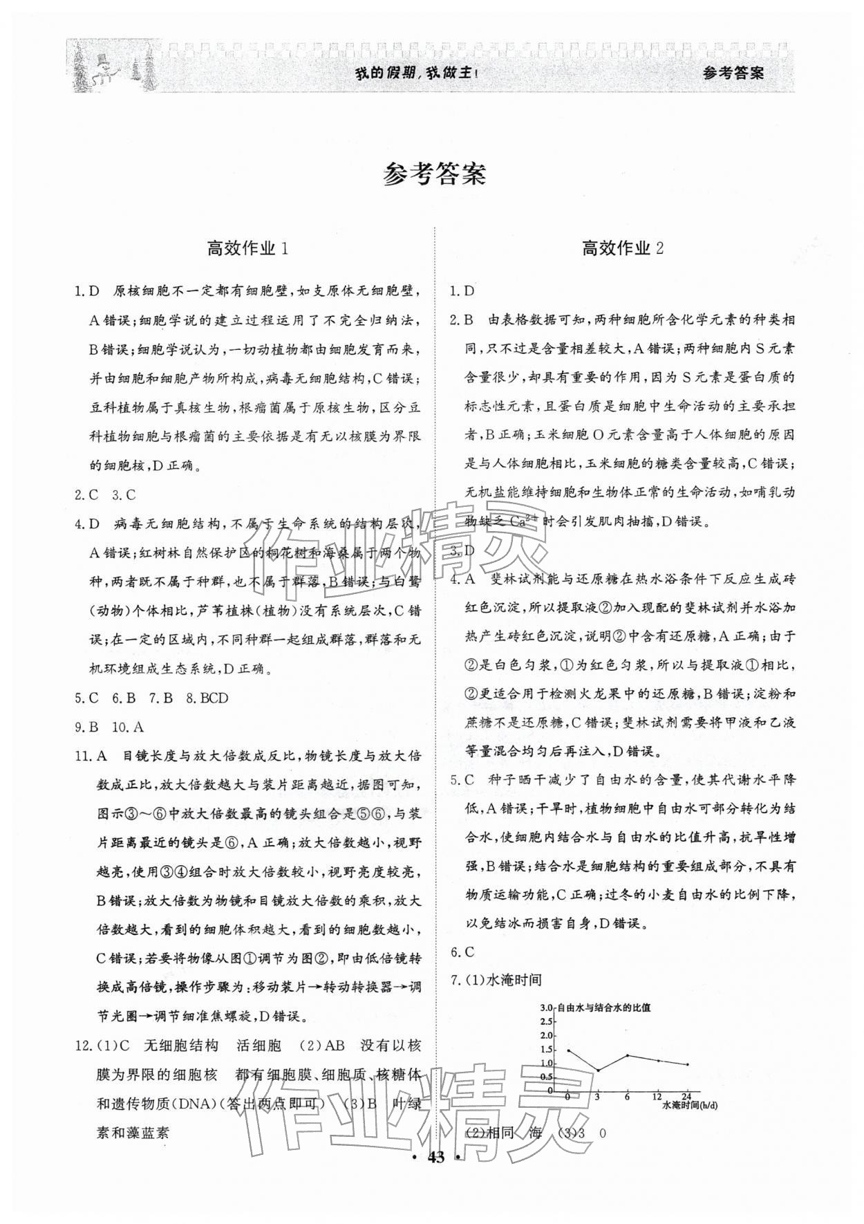 2026年優(yōu)化探究高效作業(yè)高一生物&nbsp;參考答案第1頁