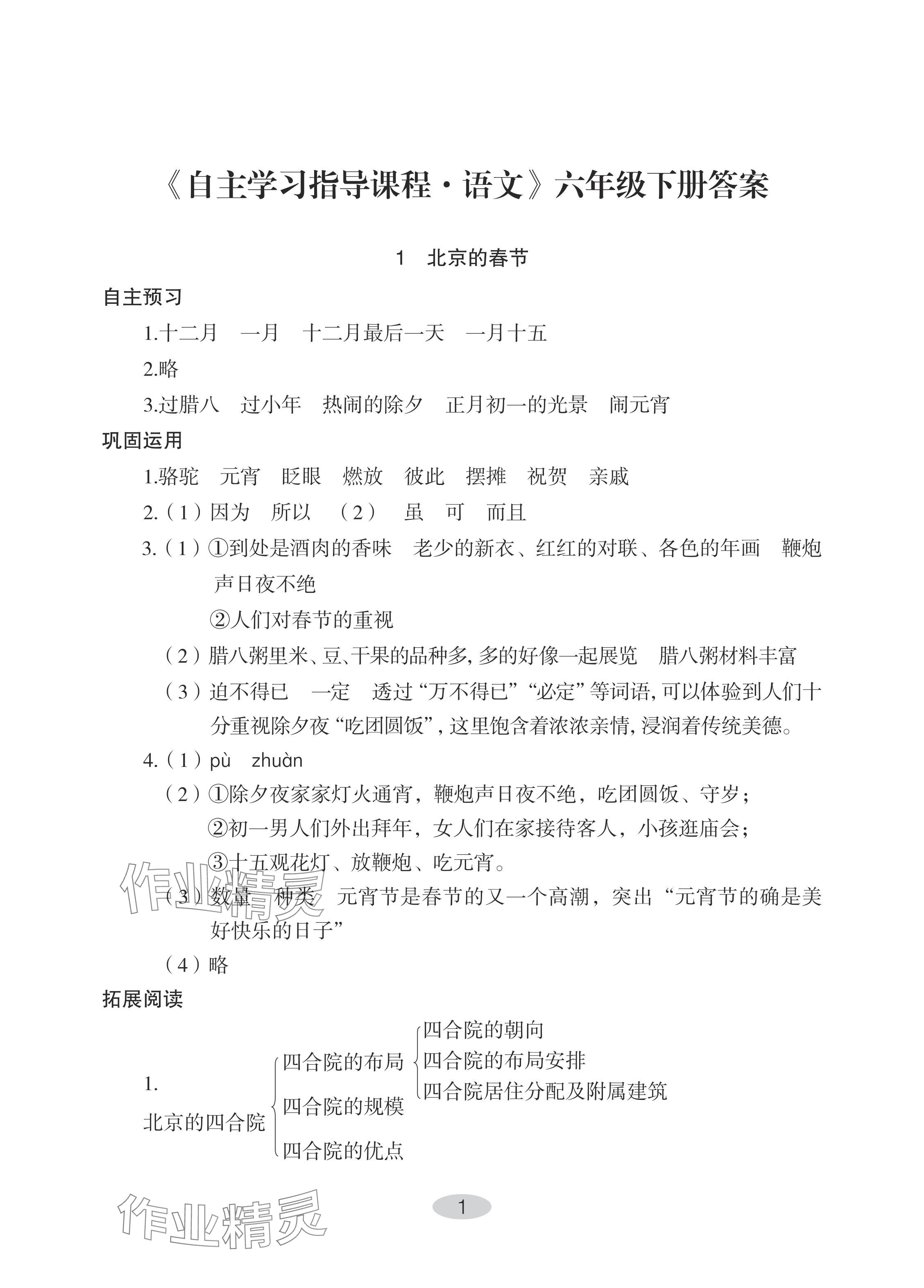 2024年自主学习指导课程六年级语文下册人教版 参考答案第1页