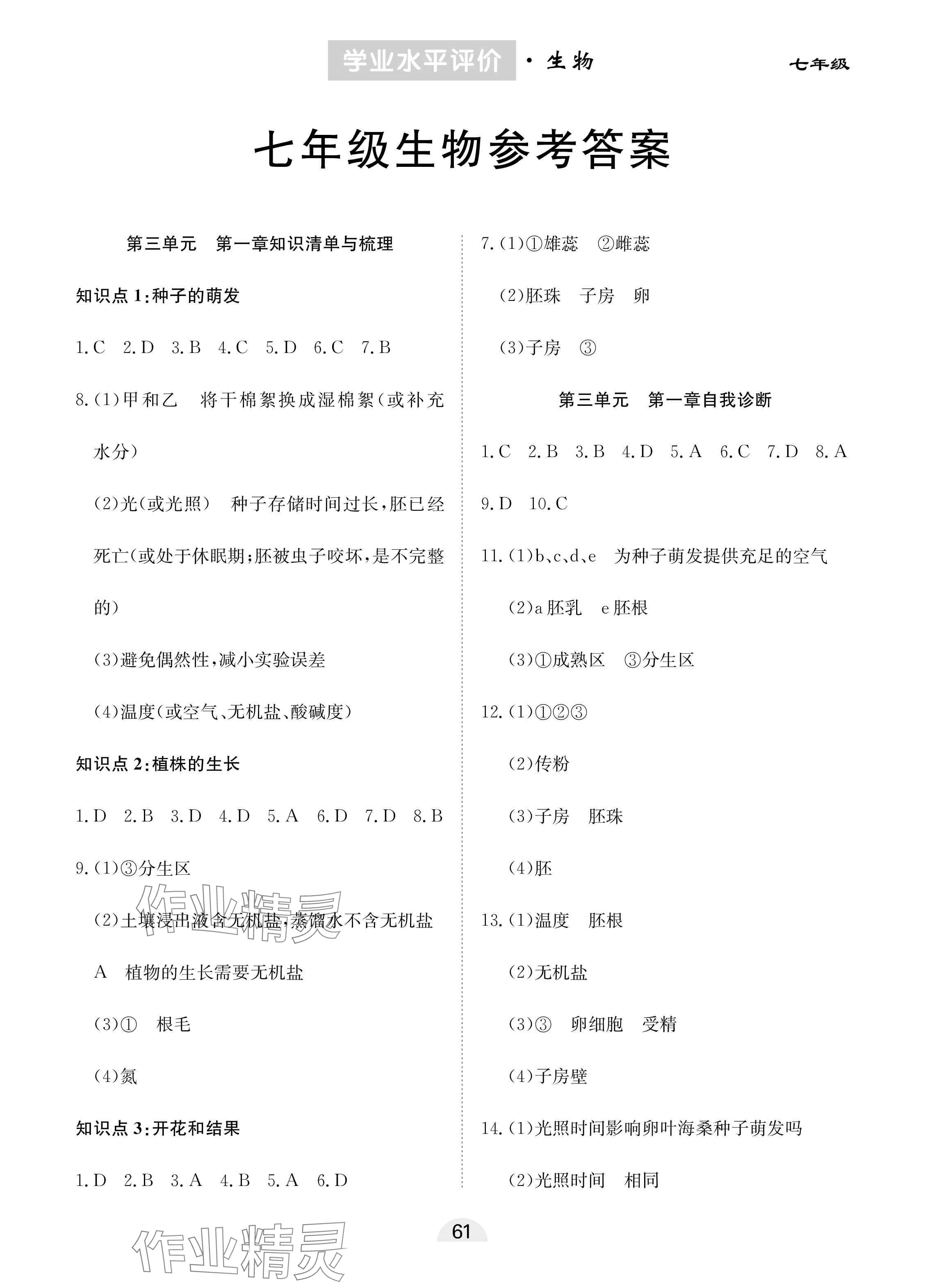 2025年學業水平評價同步檢測卷七年級生物下冊人教版 參考答案第1頁