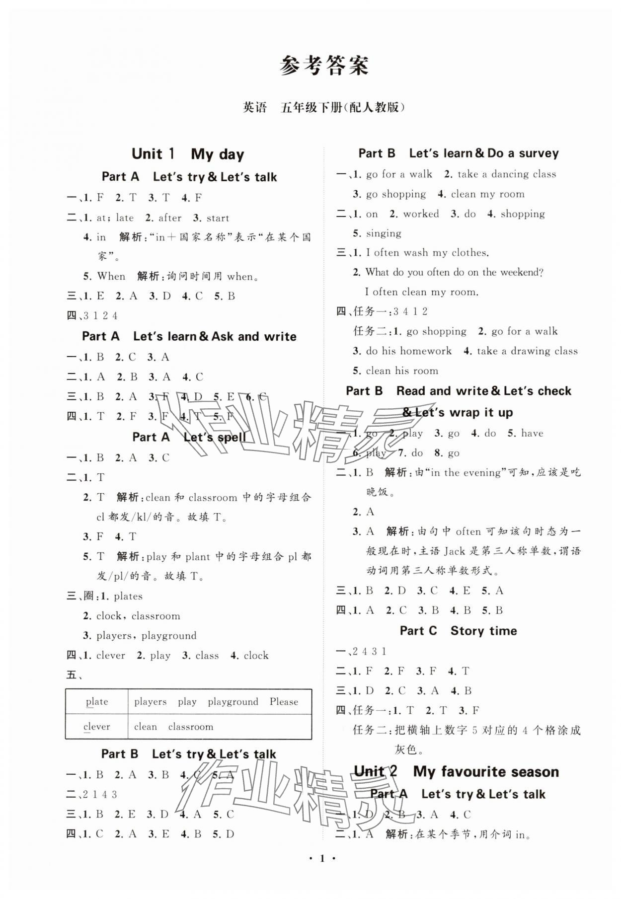 2025年同步練習冊分層指導五年級英語下冊人教版 參考答案第1頁