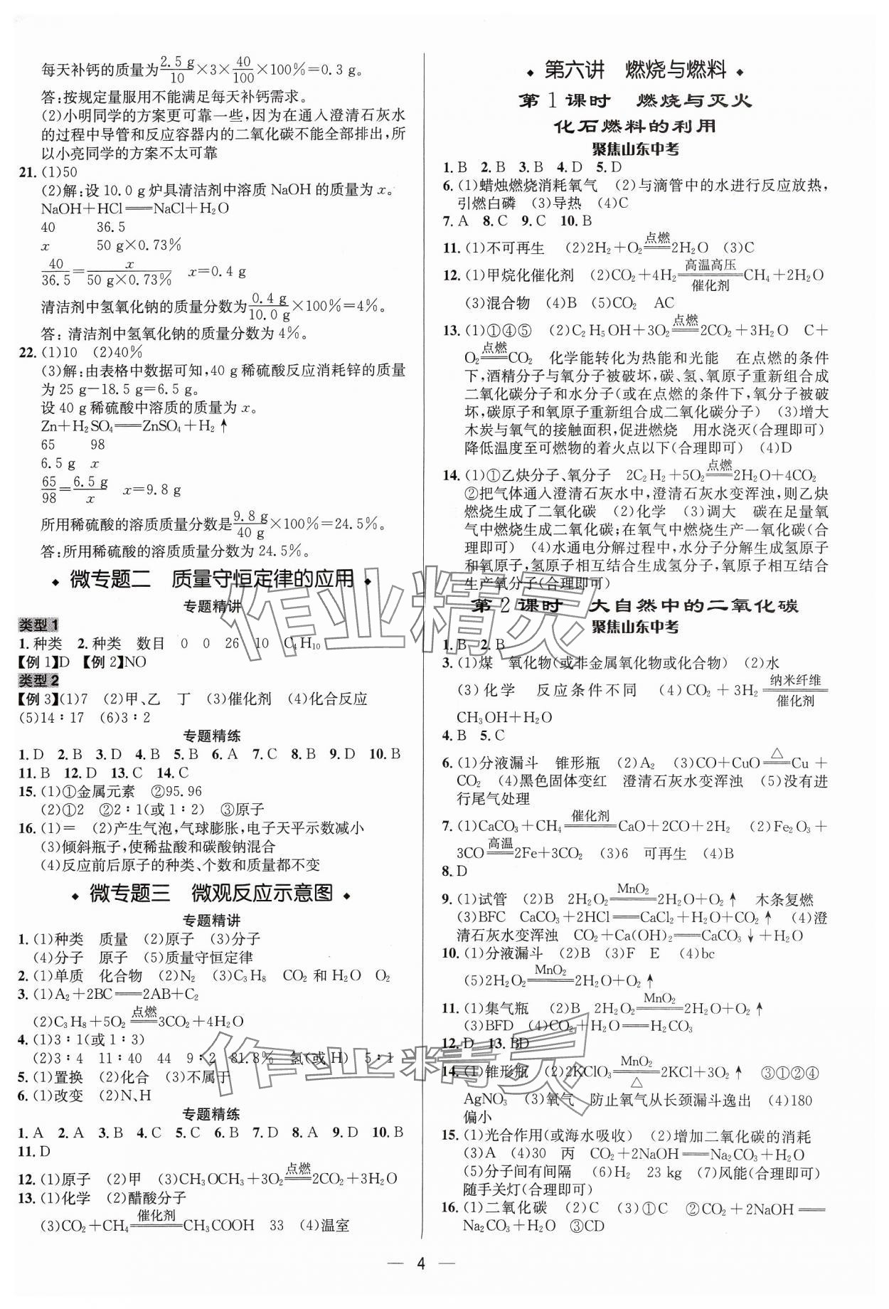 2024年中考對(duì)策化學(xué)魯教版 參考答案第4頁