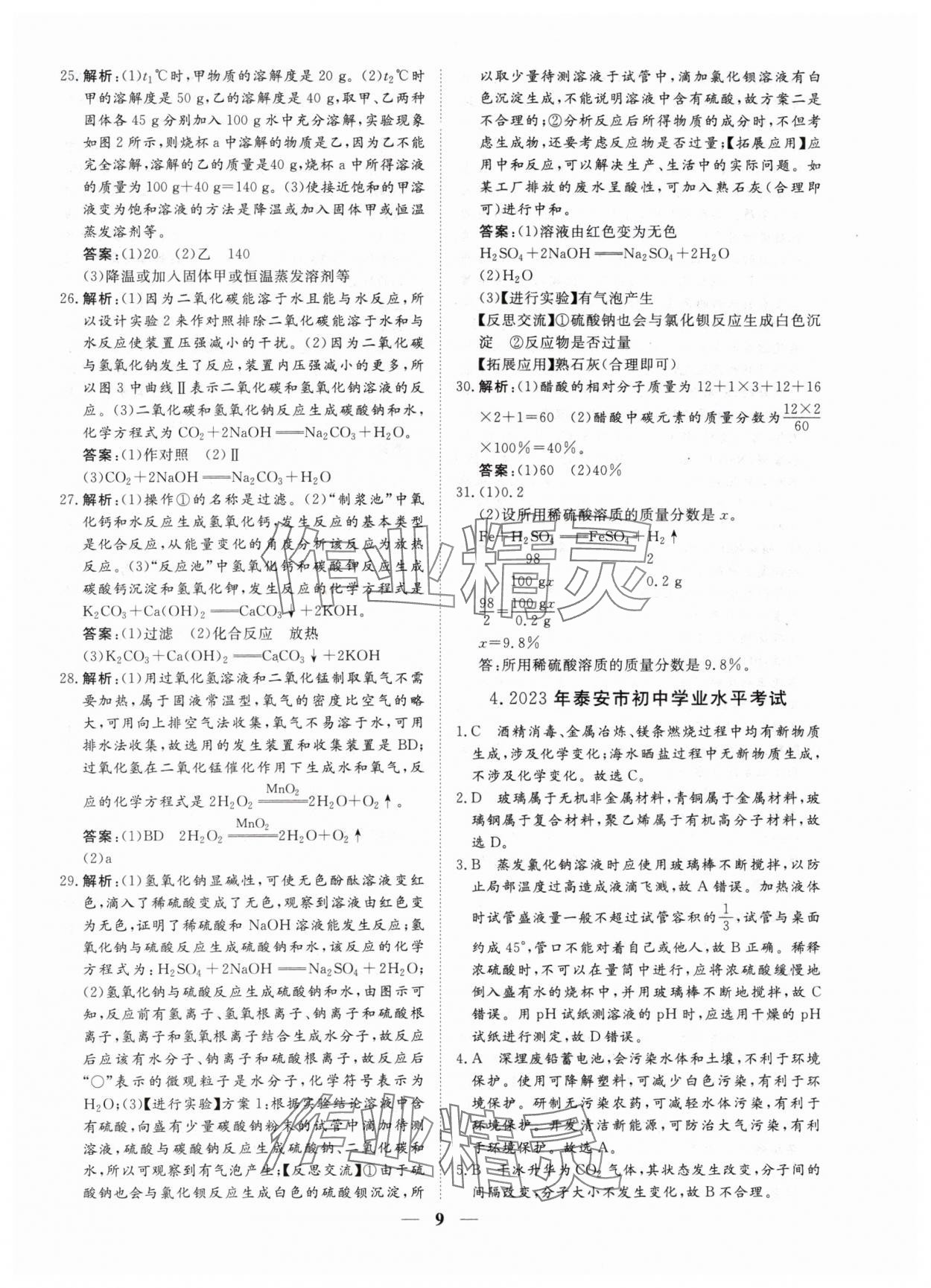 2024年風向標初中學業水平測試山東省各地市中考試題匯編化學 參考答案第9頁