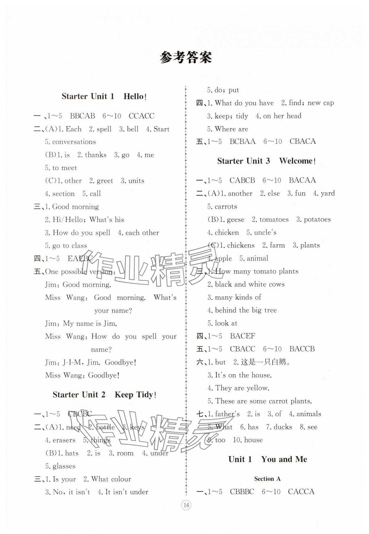 2025年同步练习册智慧拓展七年级英语上册人教版菏泽专版 参考答案第1页