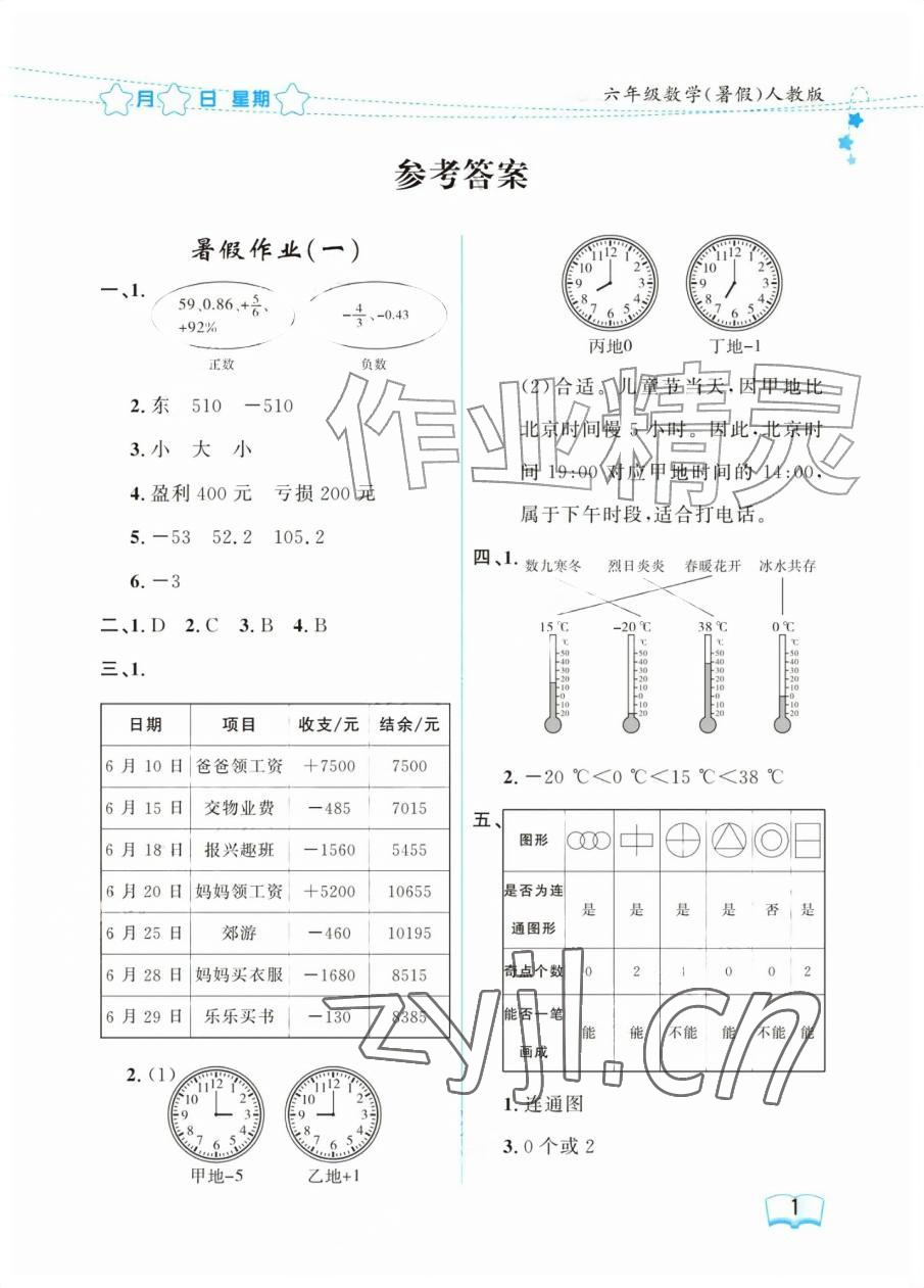 2026年阳光假日暑假六年级数学人教版&nbsp;参考答案第1页