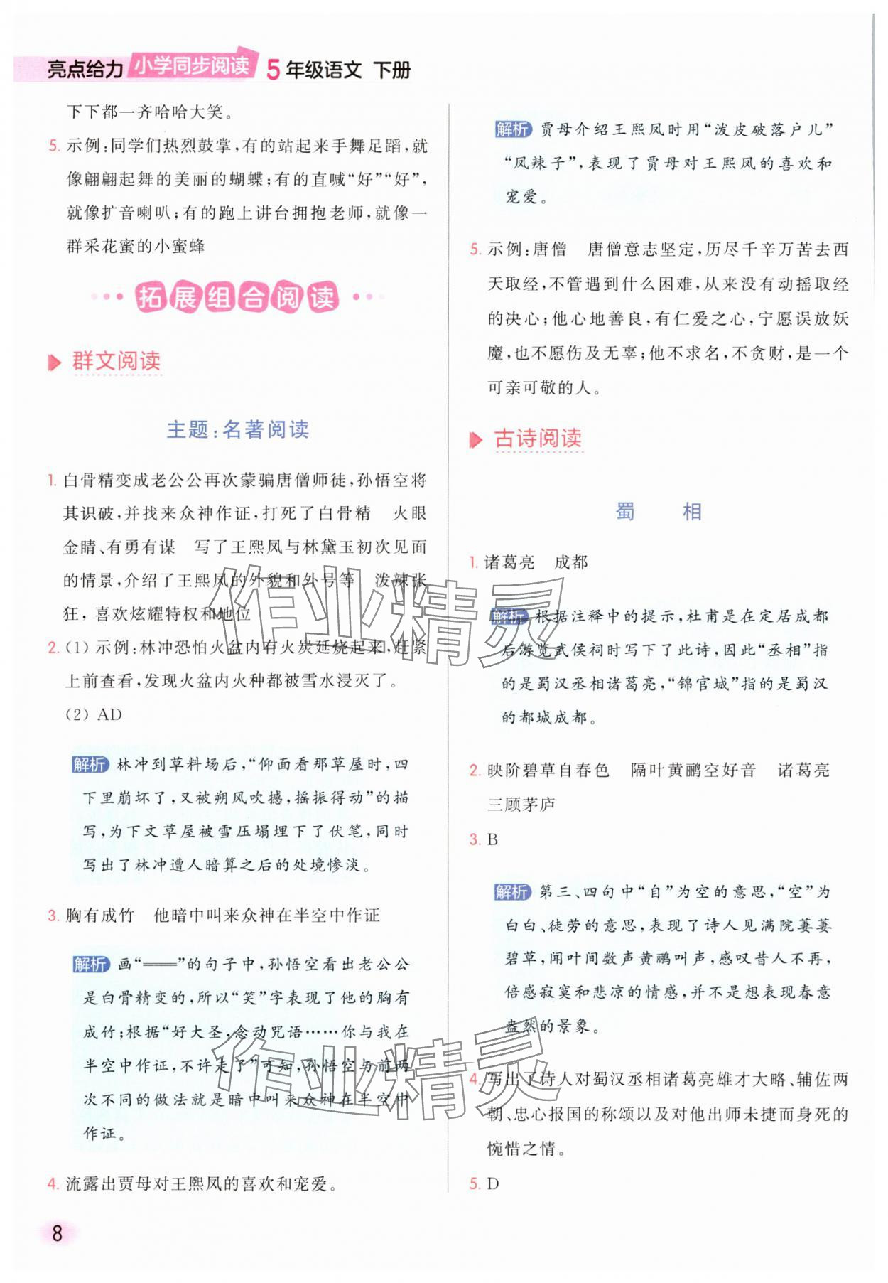 2025年亮點給力同步閱讀五年級語文下冊人教版 參考答案第8頁