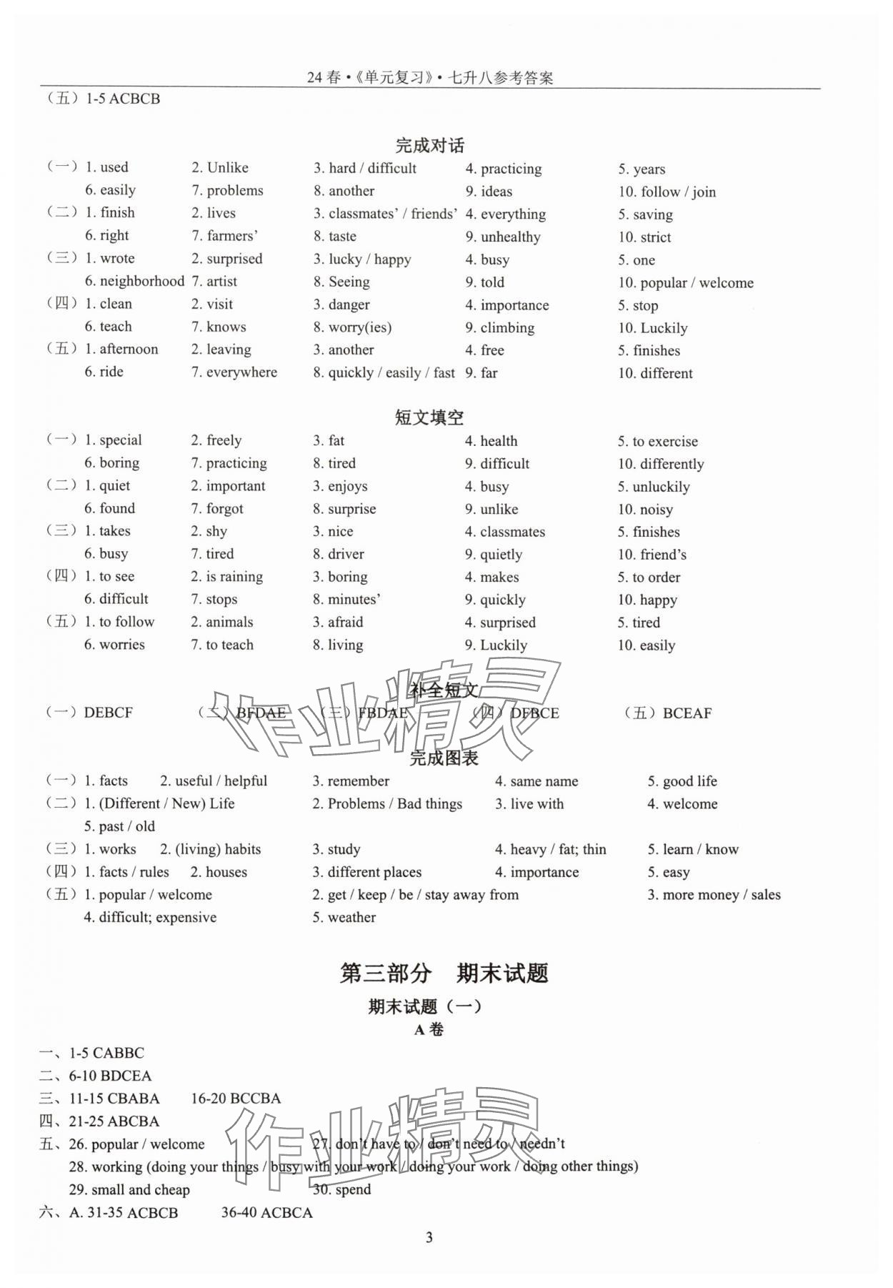 2024年新视界单元复习七年级英语人教版&nbsp;参考答案第3页