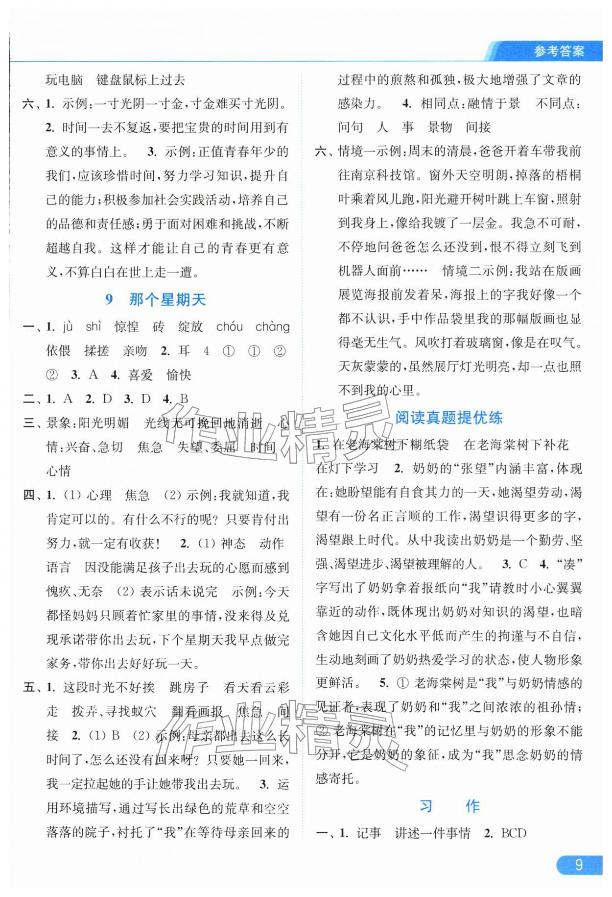 2026年亮點(diǎn)給力提優(yōu)課時(shí)作業(yè)本六年級(jí)語(yǔ)文下冊(cè)人教版江蘇專版&nbsp;參考答案第9頁(yè)