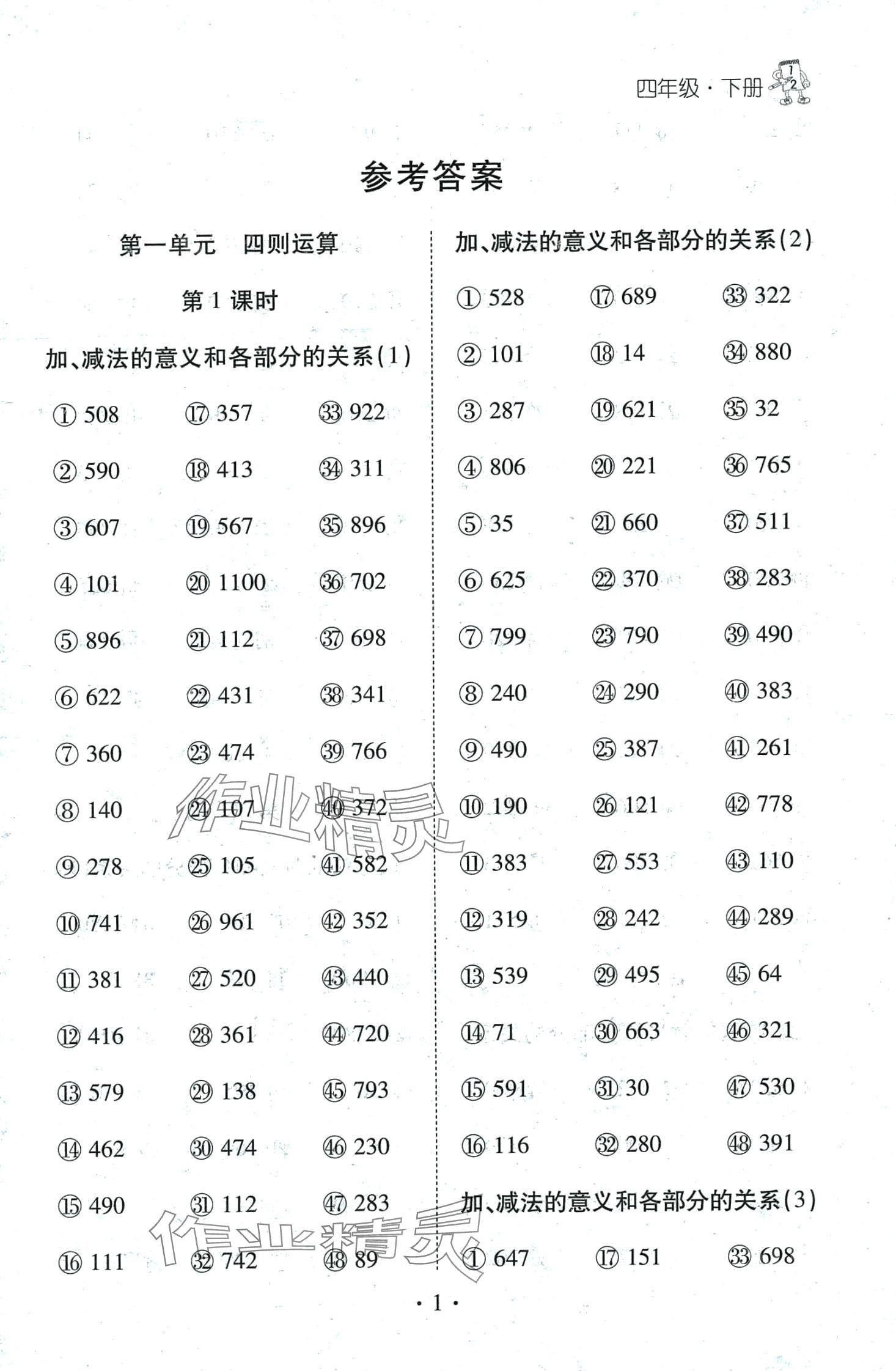 2024年千里馬口算天天練四年級數(shù)學(xué)下冊人教版 第1頁