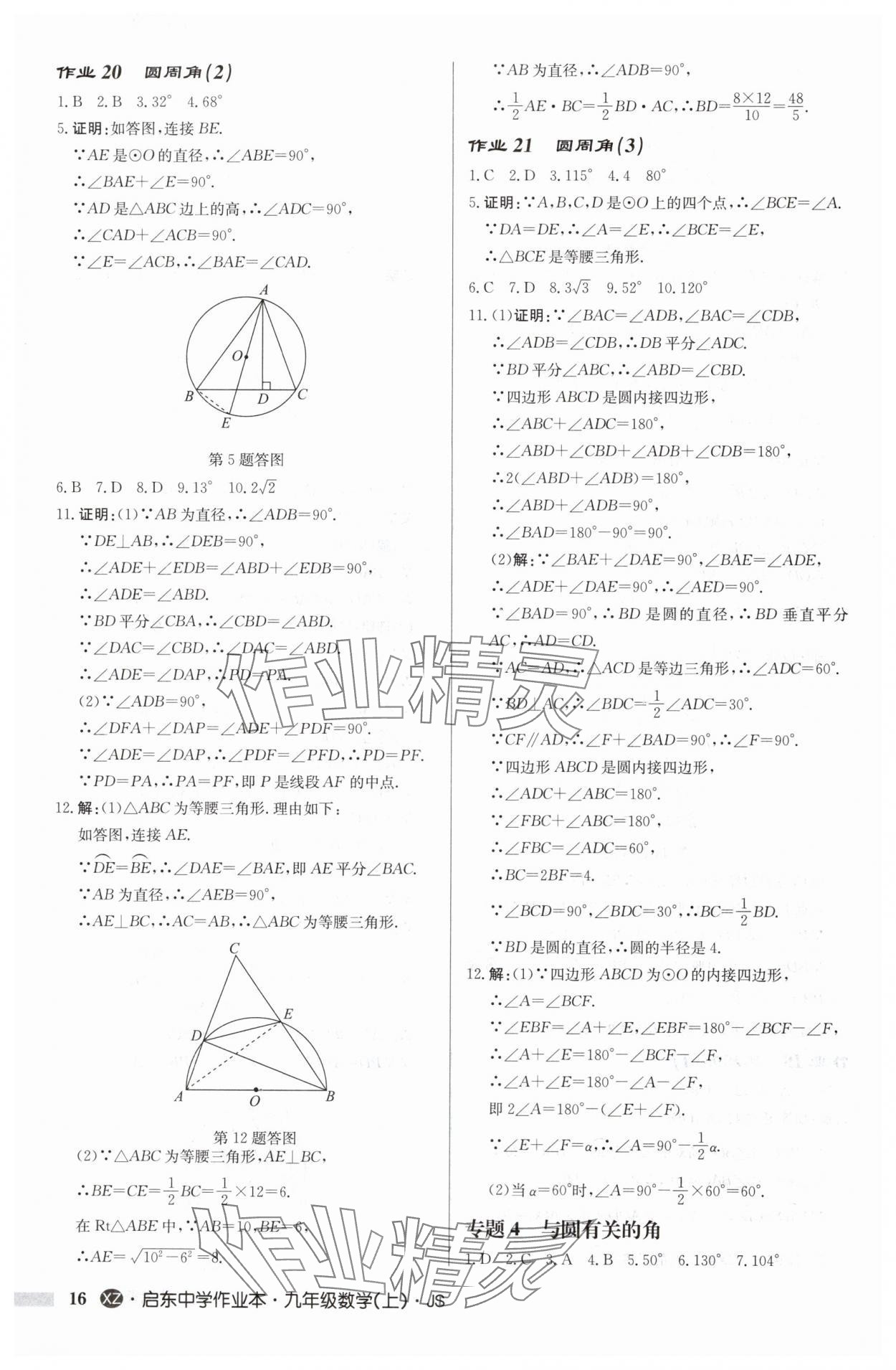 2024年启东中学作业本九年级数学上册苏科版徐州专版 参考答案第16页