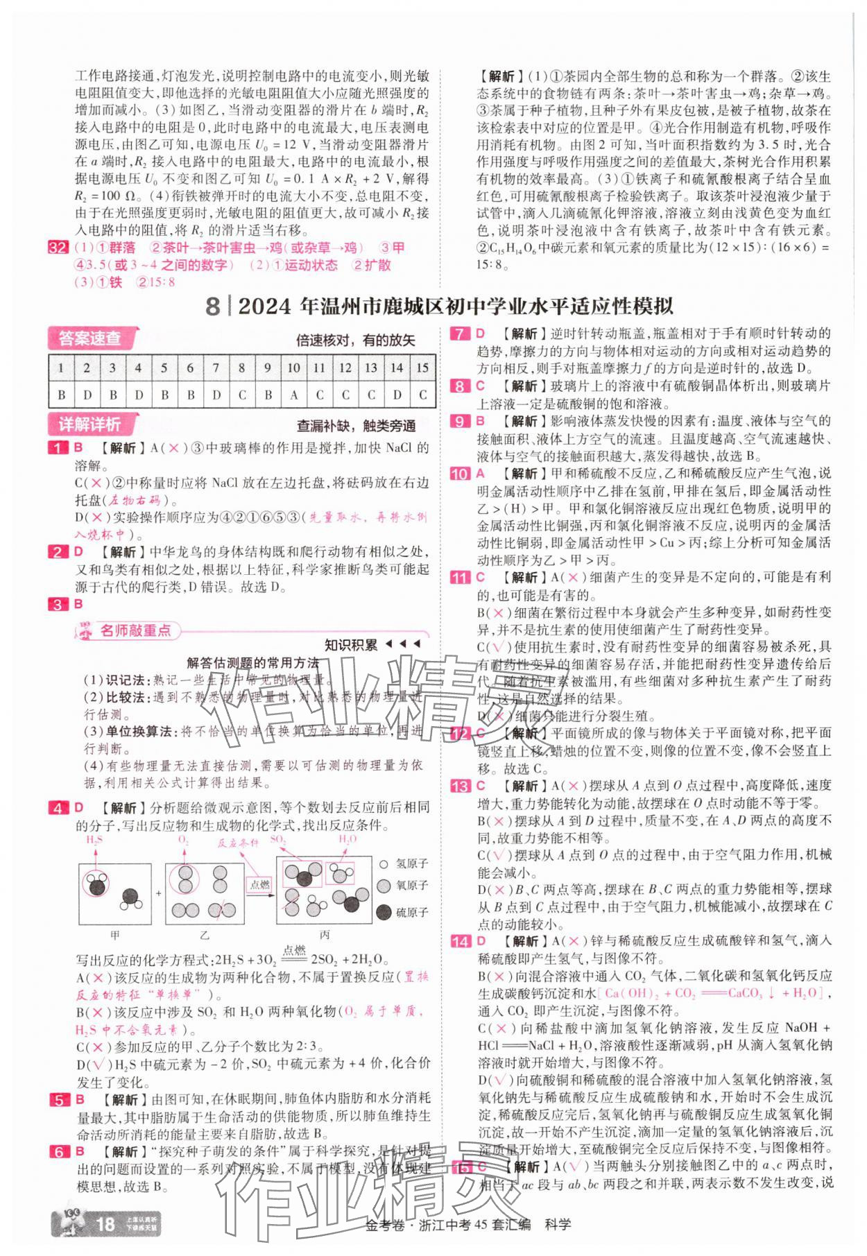 2025年金考卷浙江中考45套匯編科學(xué)浙江專版 參考答案第18頁