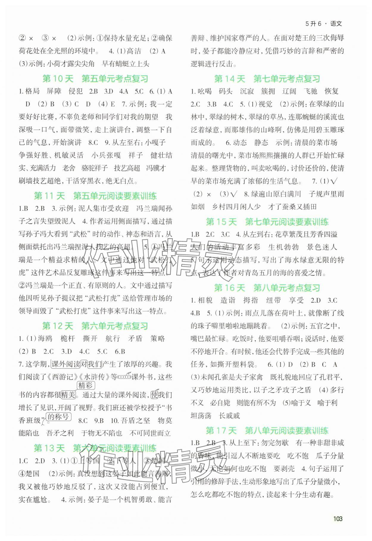 2025年新领程暑假衔接五年级语文人教版 参考答案第2页