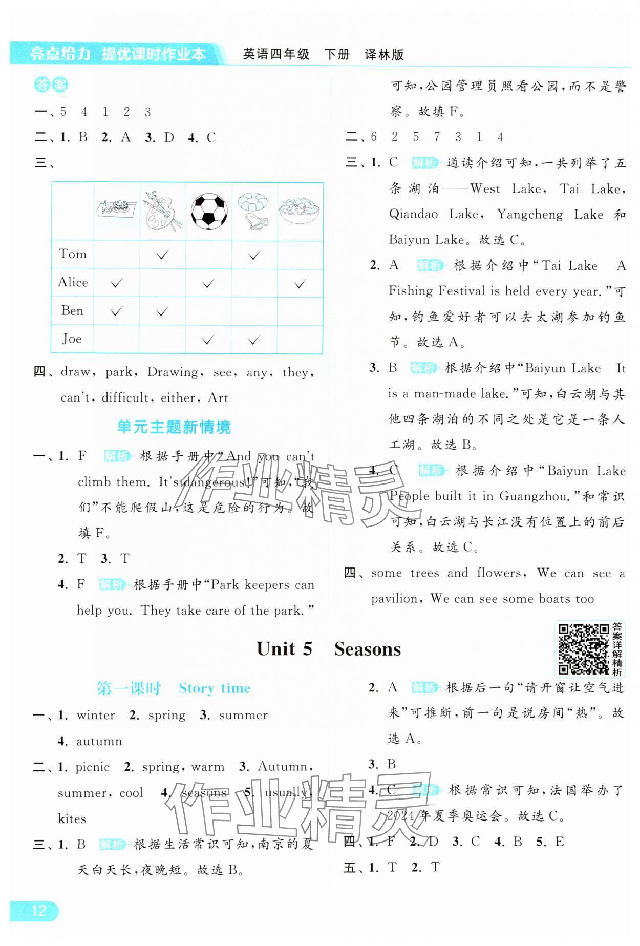 2025年亮点给力提优课时作业本四年级英语下册译林版 参考答案第12页