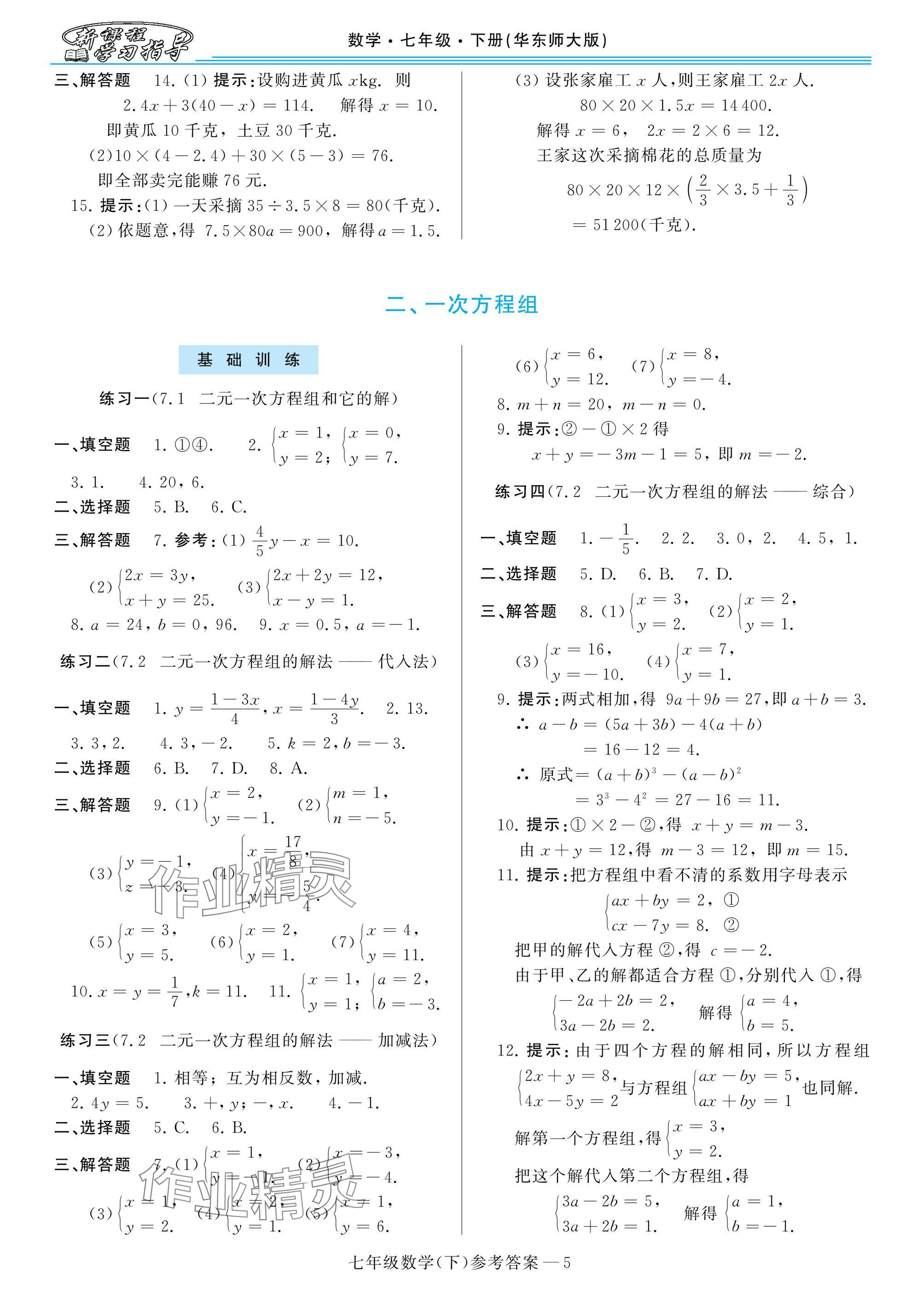 2025年新課程學(xué)習(xí)指導(dǎo)七年級數(shù)學(xué)下冊華師大版 參考答案第5頁