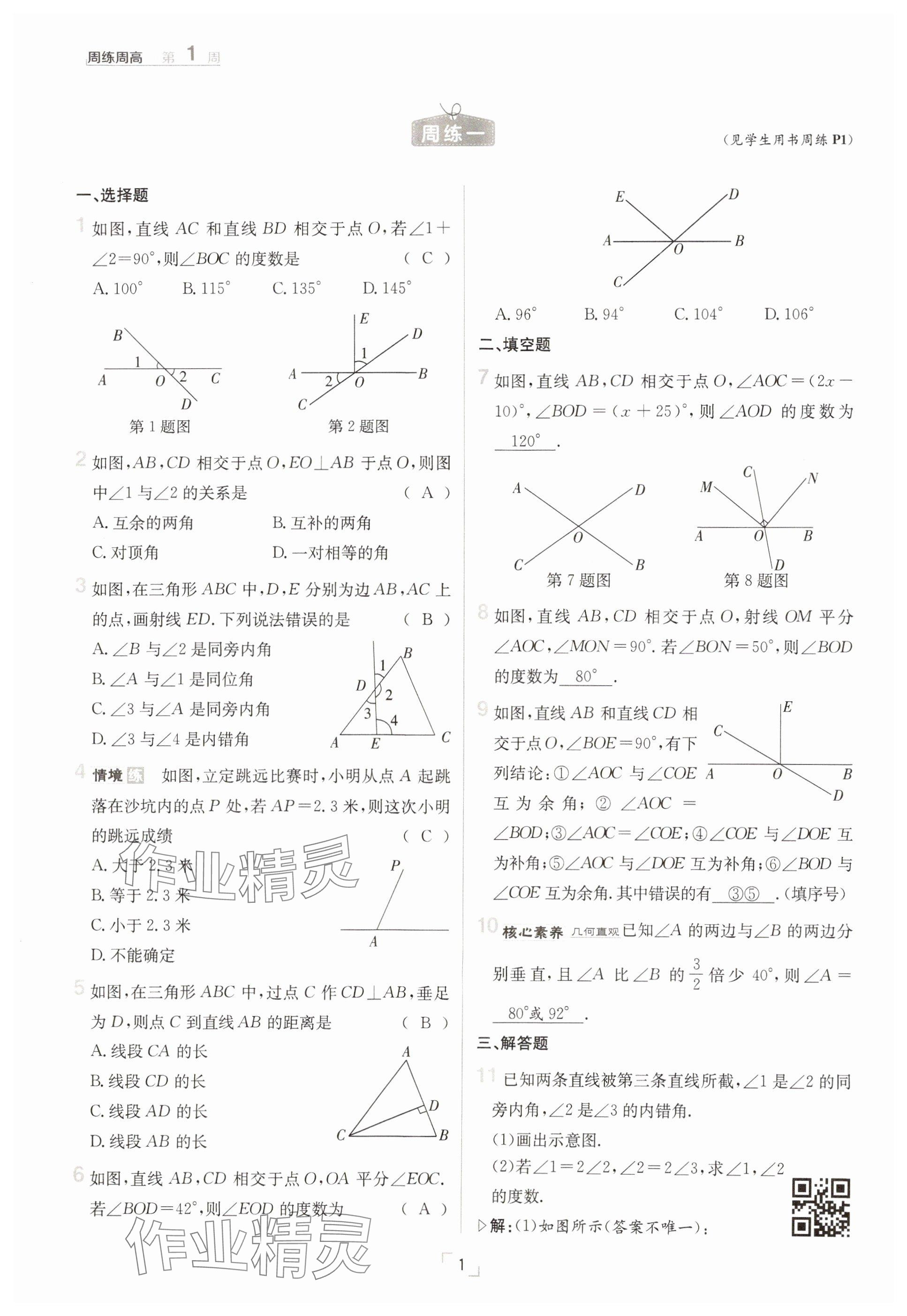 2025年日清周练七年级数学下册人教版 参考答案第1页