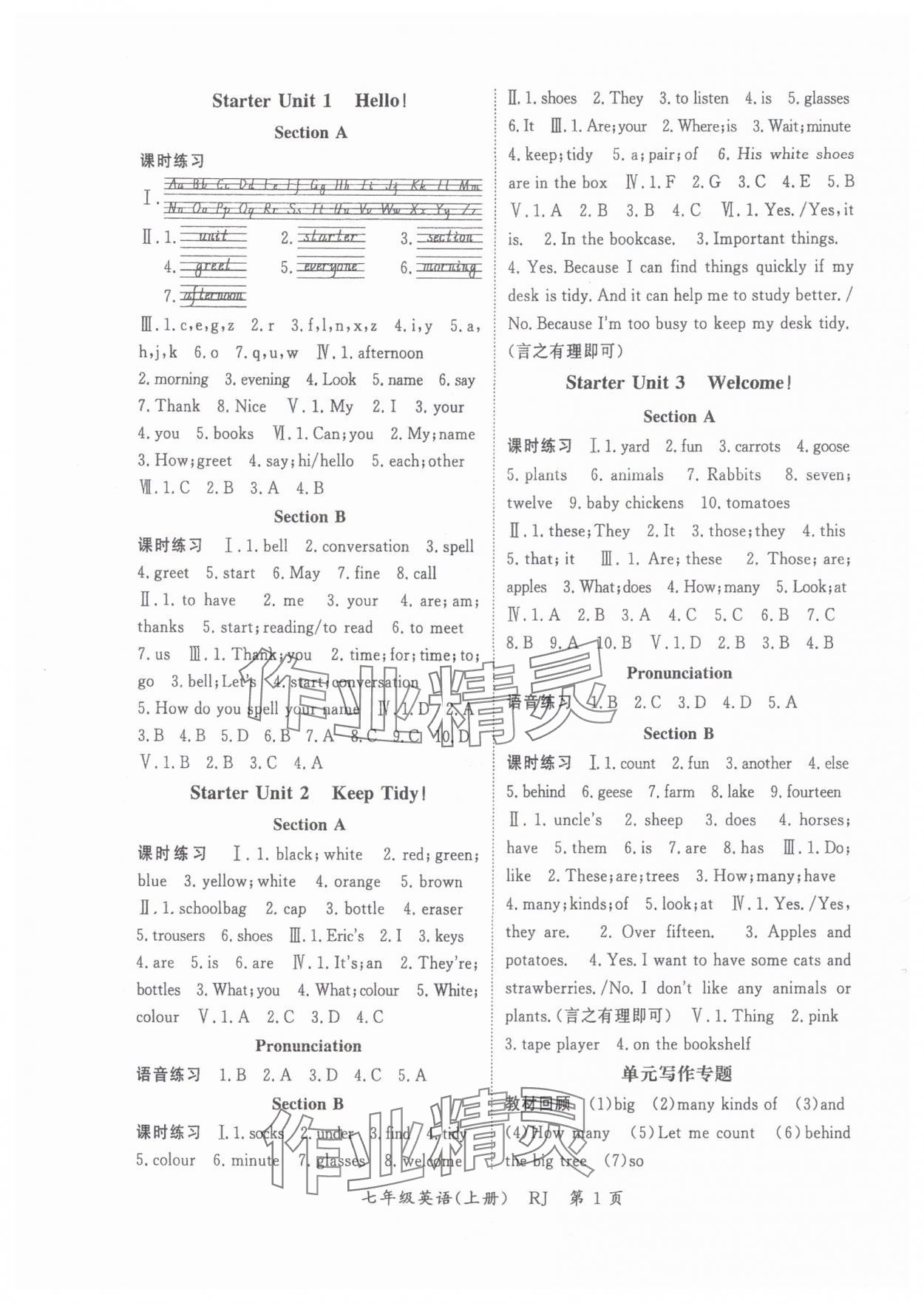 2025年启航新课堂七年级英语上册人教版 参考答案第1页