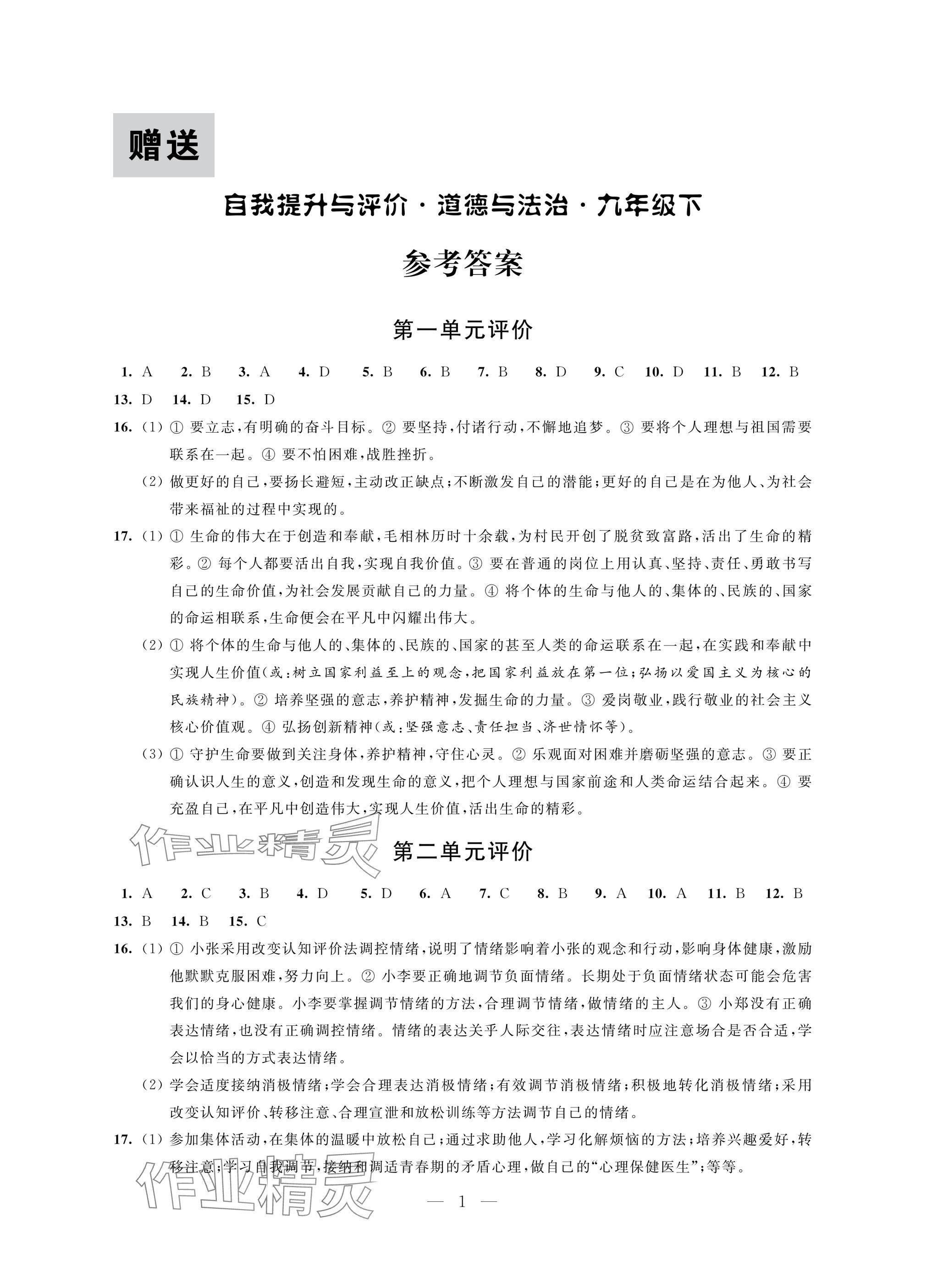 2025年自我提升与评价九年级道德与法治下册人教版 参考答案第1页