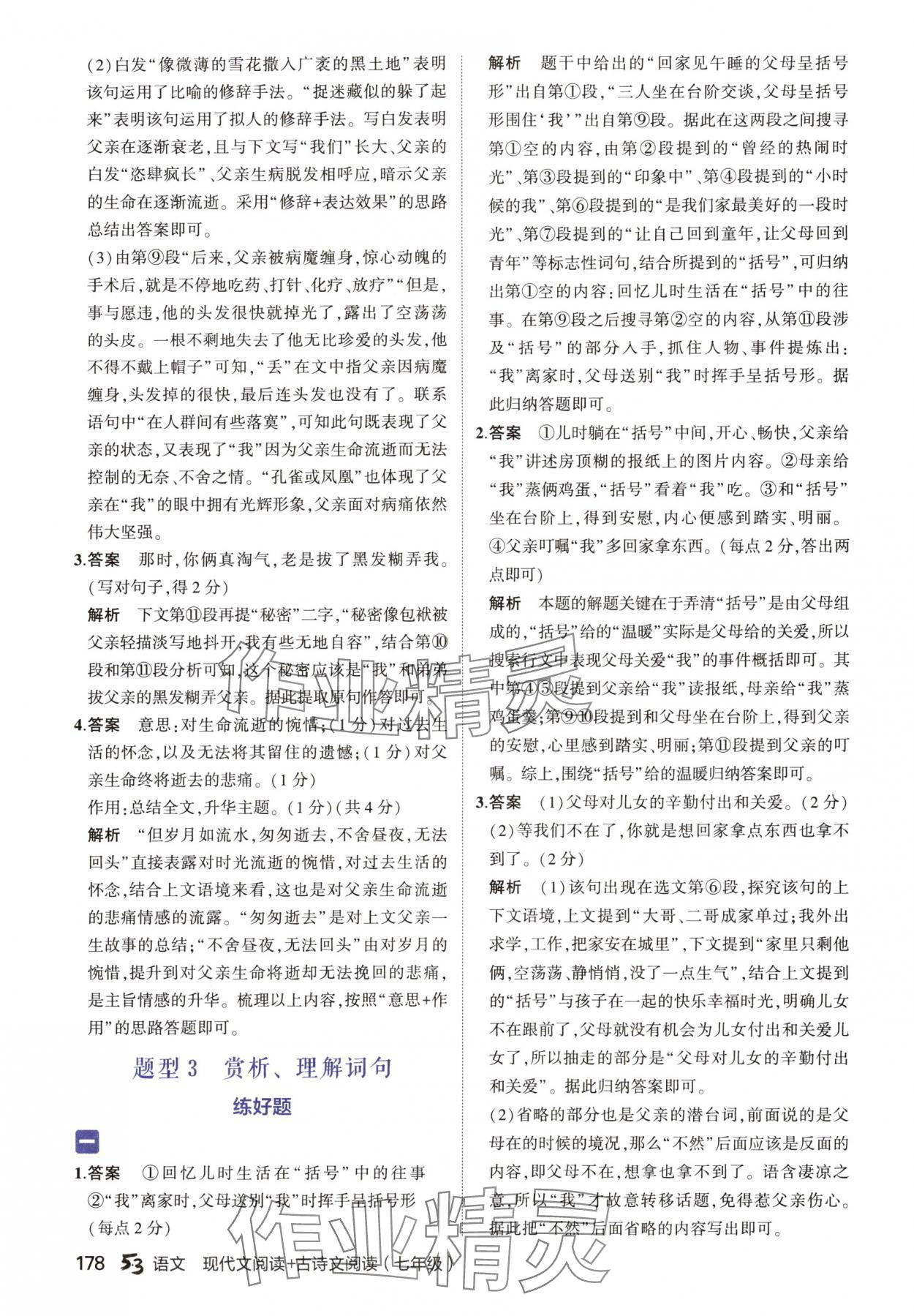 2024年53现代文阅读加古诗文阅读七年级语文人教版&nbsp;参考答案第4页