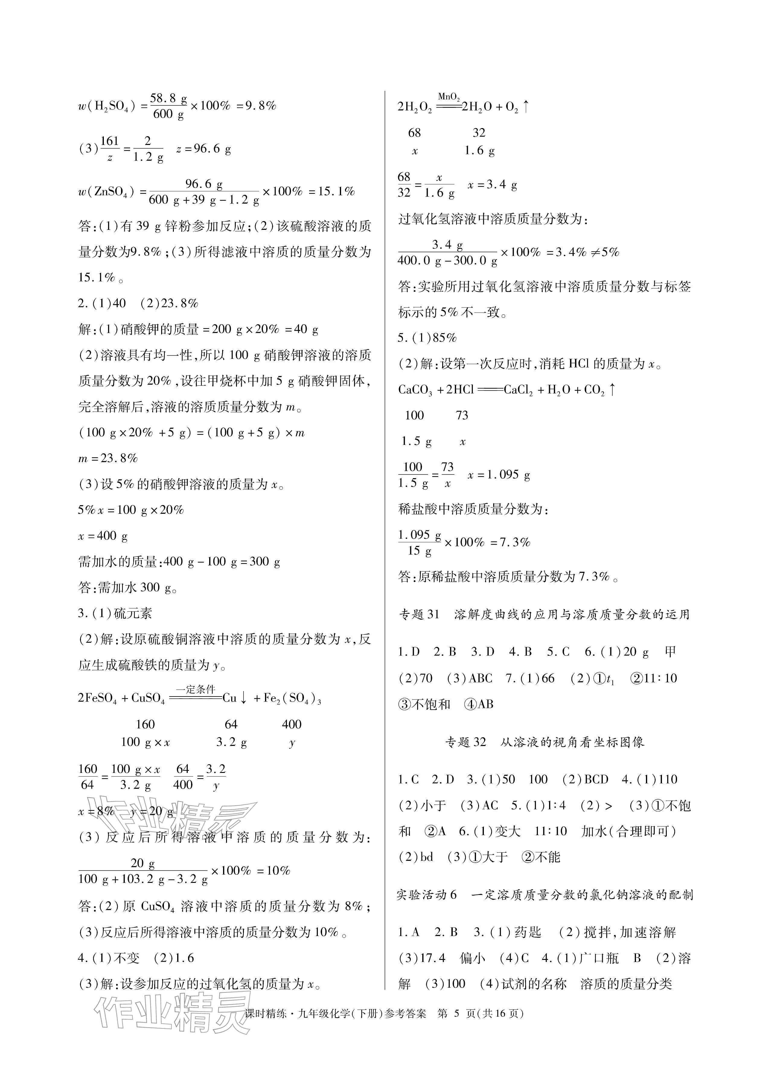 2026年课时精练九年级化学下册人教版&nbsp;参考答案第5页