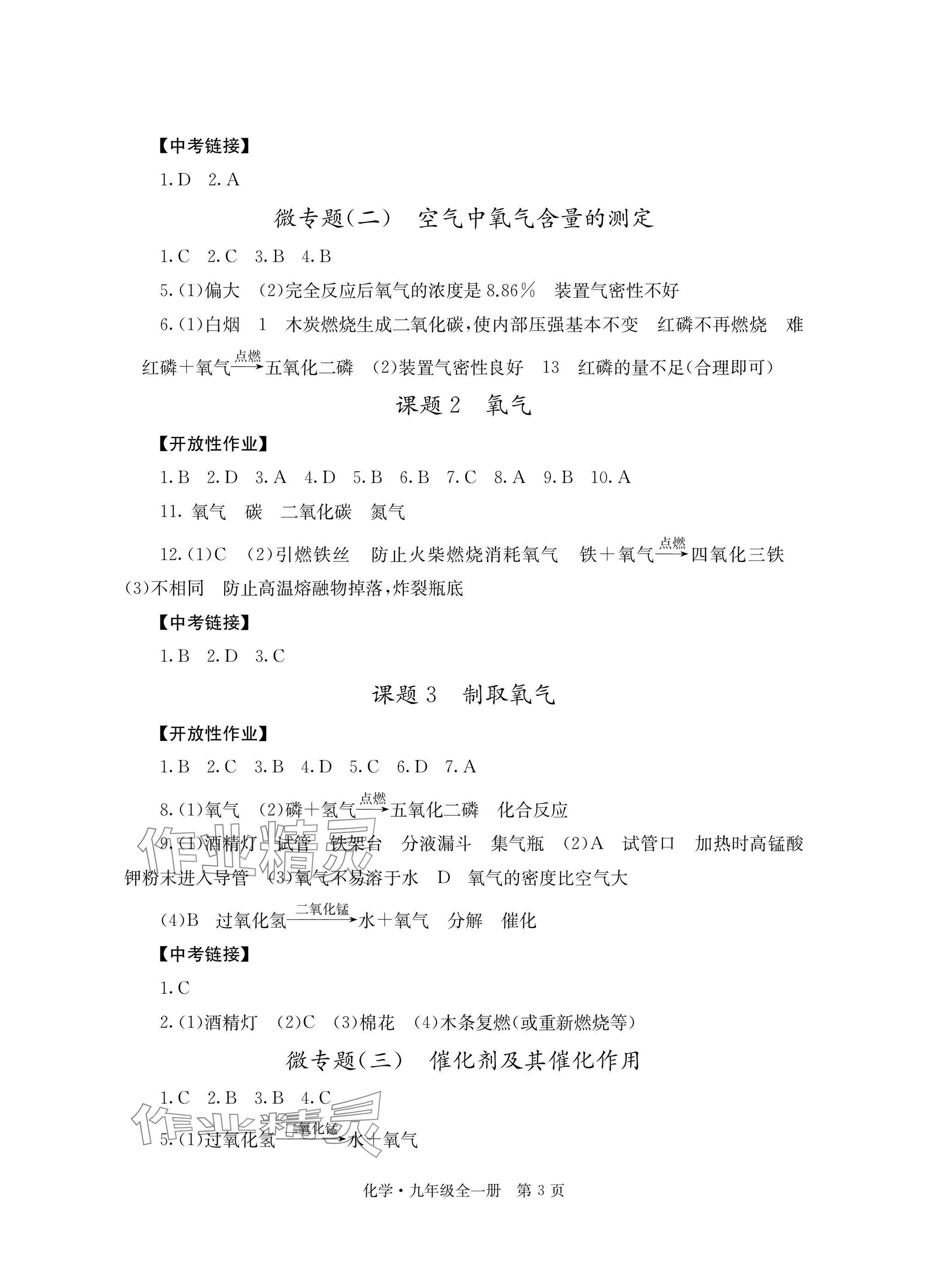 2025年自主学习指导课程与测试九年级化学全一册人教版&nbsp;参考答案第3页