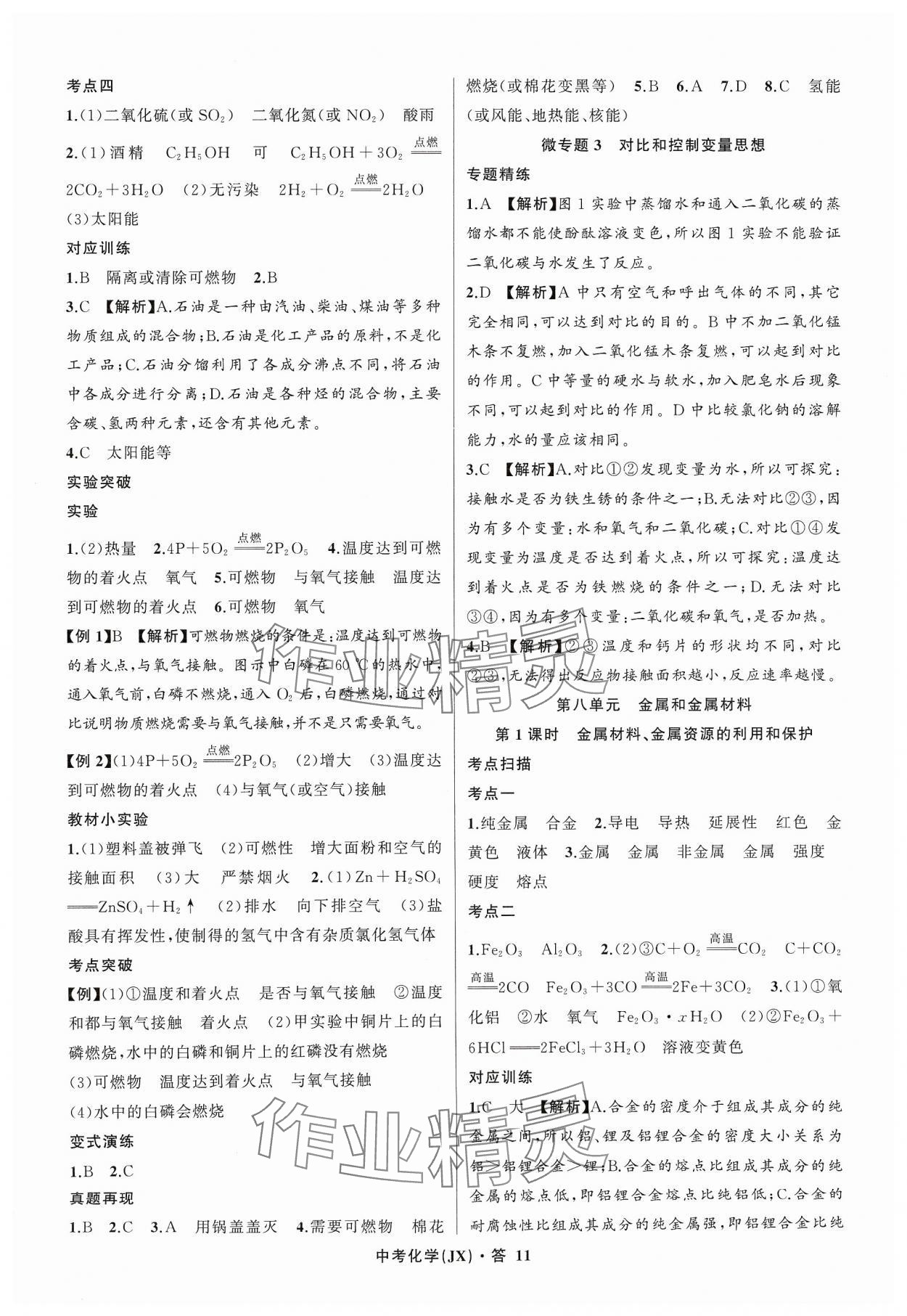 2024年名师面对面中考满分特训方案化学江西专版 参考答案第11页