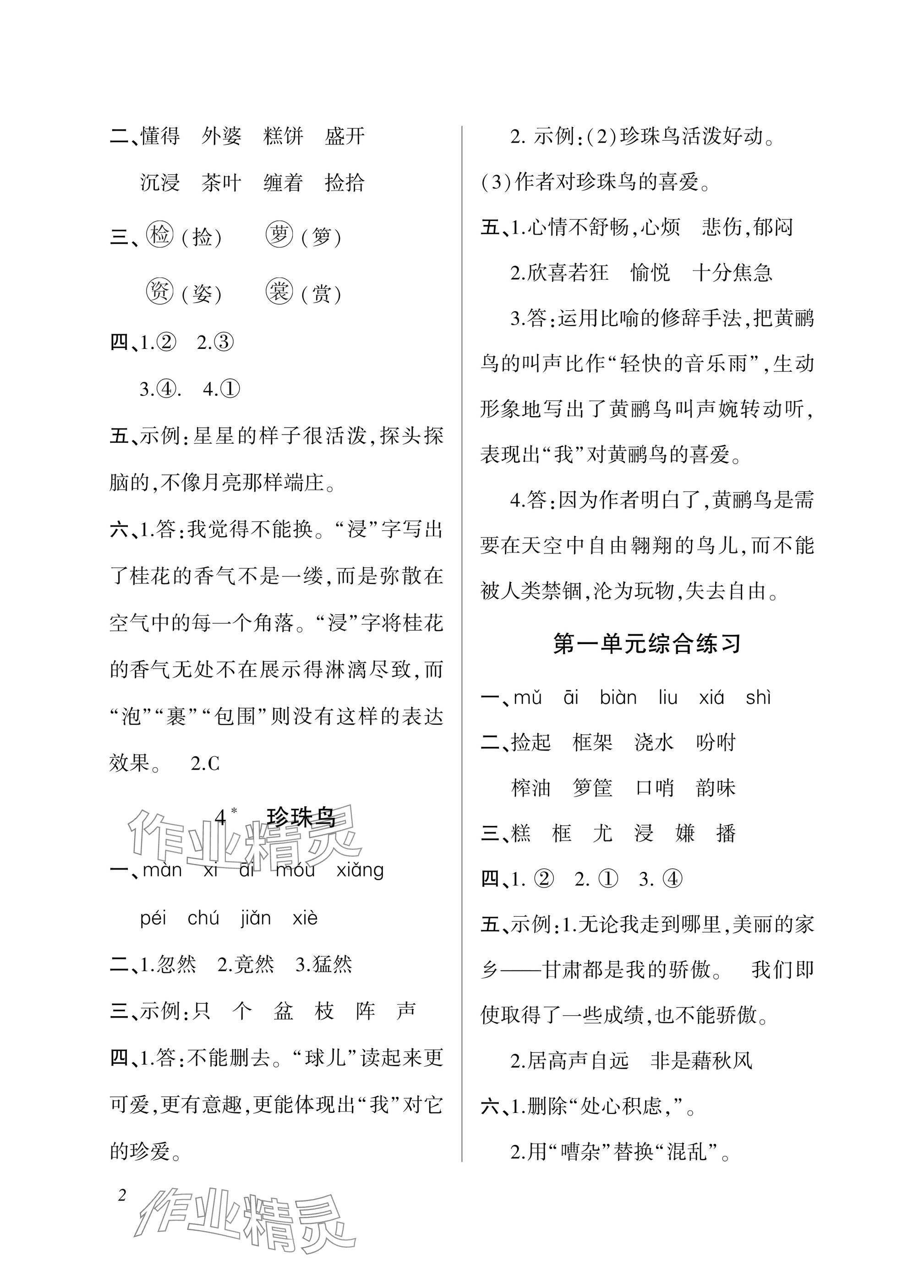 2025年配套练习与检测五年级语文上册人教版 参考答案第2页