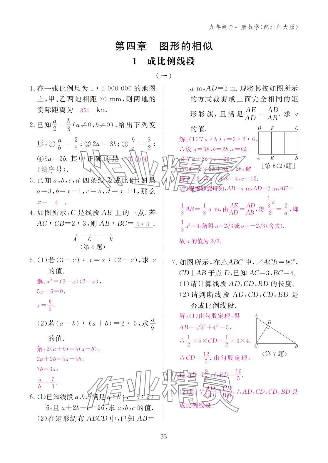 2025年作业本江西教育出版社九年级数学全一册北师大版 参考答案第33页