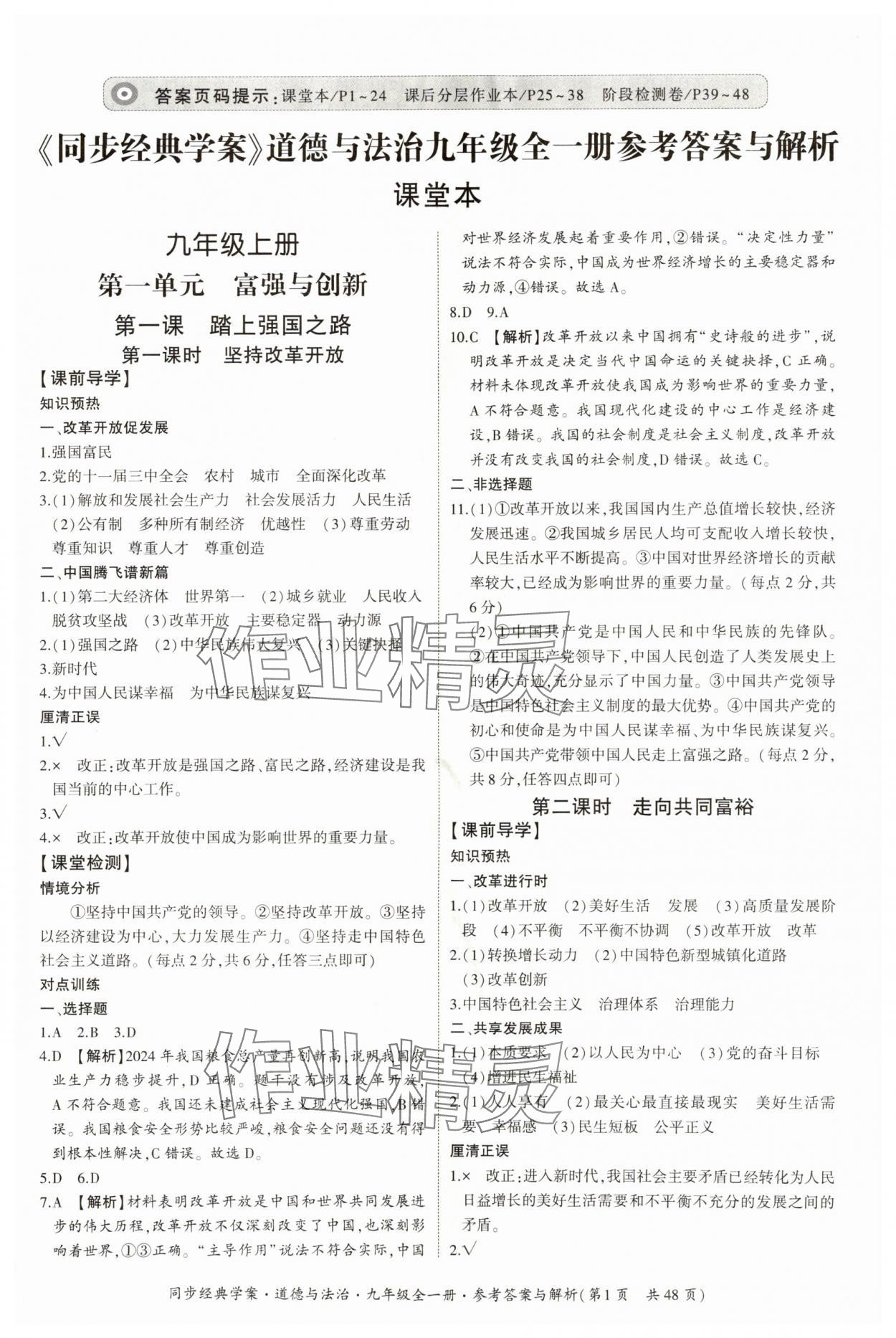 2025年同步經典學案九年級道德與法治全一冊人教版 第1頁