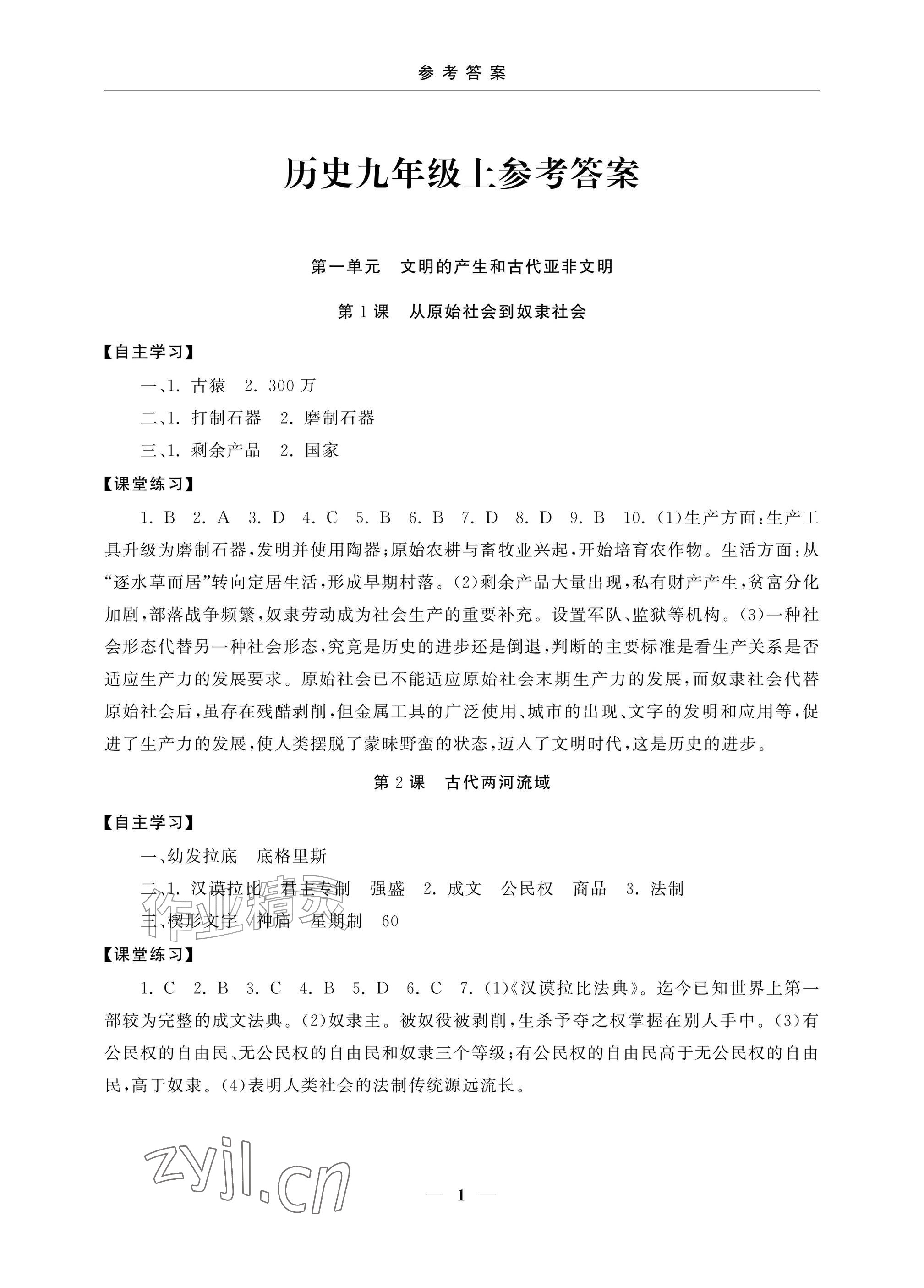 2026年初中学练案九年级历史上册人教版&nbsp;参考答案第1页