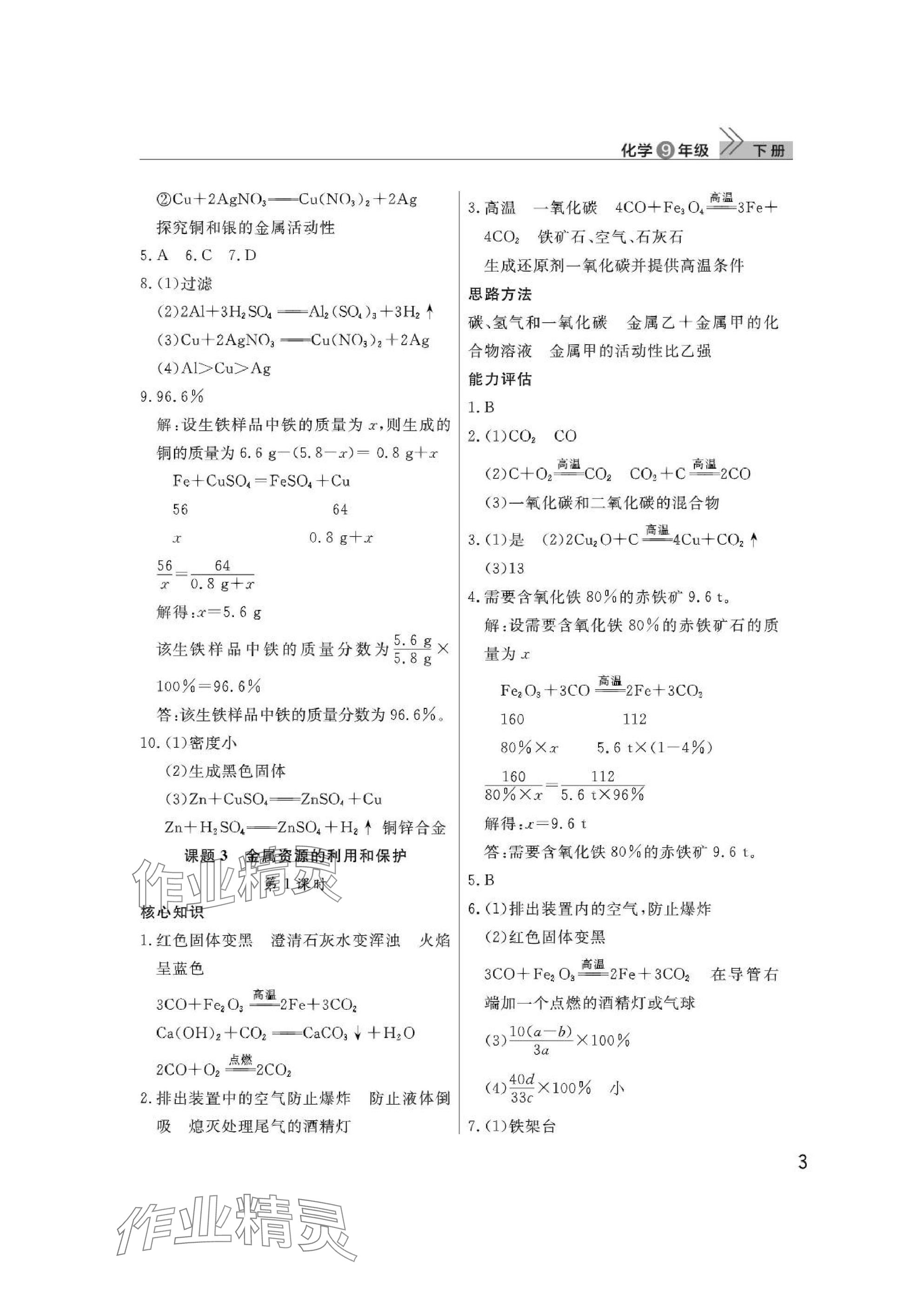 2025年課堂作業(yè)武漢出版社九年級化學下冊人教版 參考答案第3頁