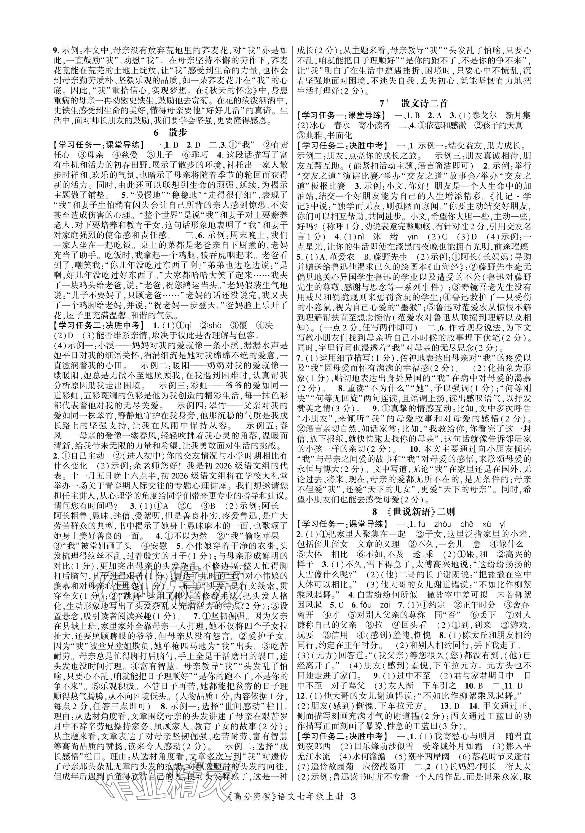 2024年高分突破課時(shí)達(dá)標(biāo)講練測七年級語文上冊人教版 參考答案第3頁