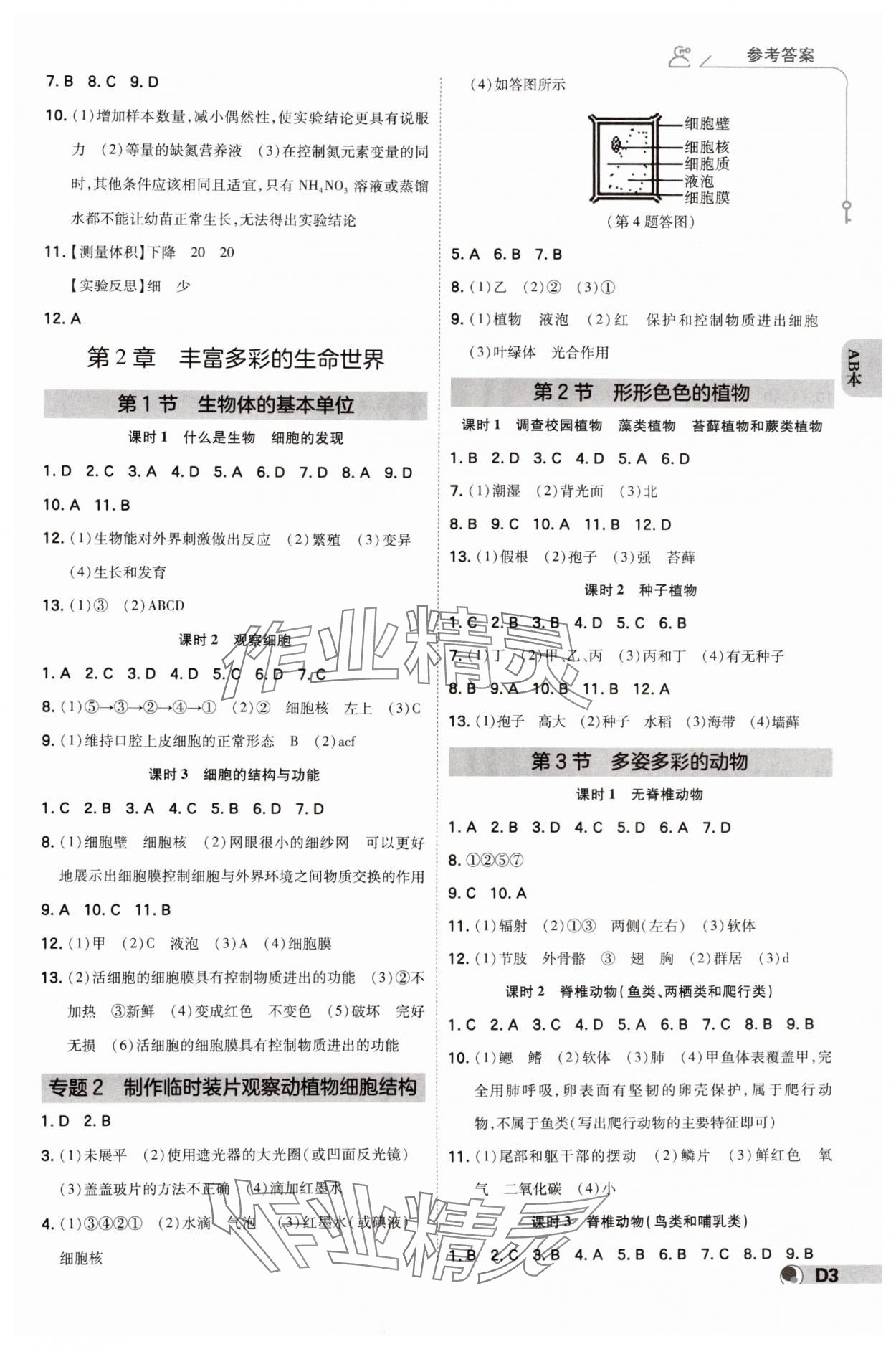 2024年少年班七年級科學(xué)上冊浙教版 參考答案第2頁