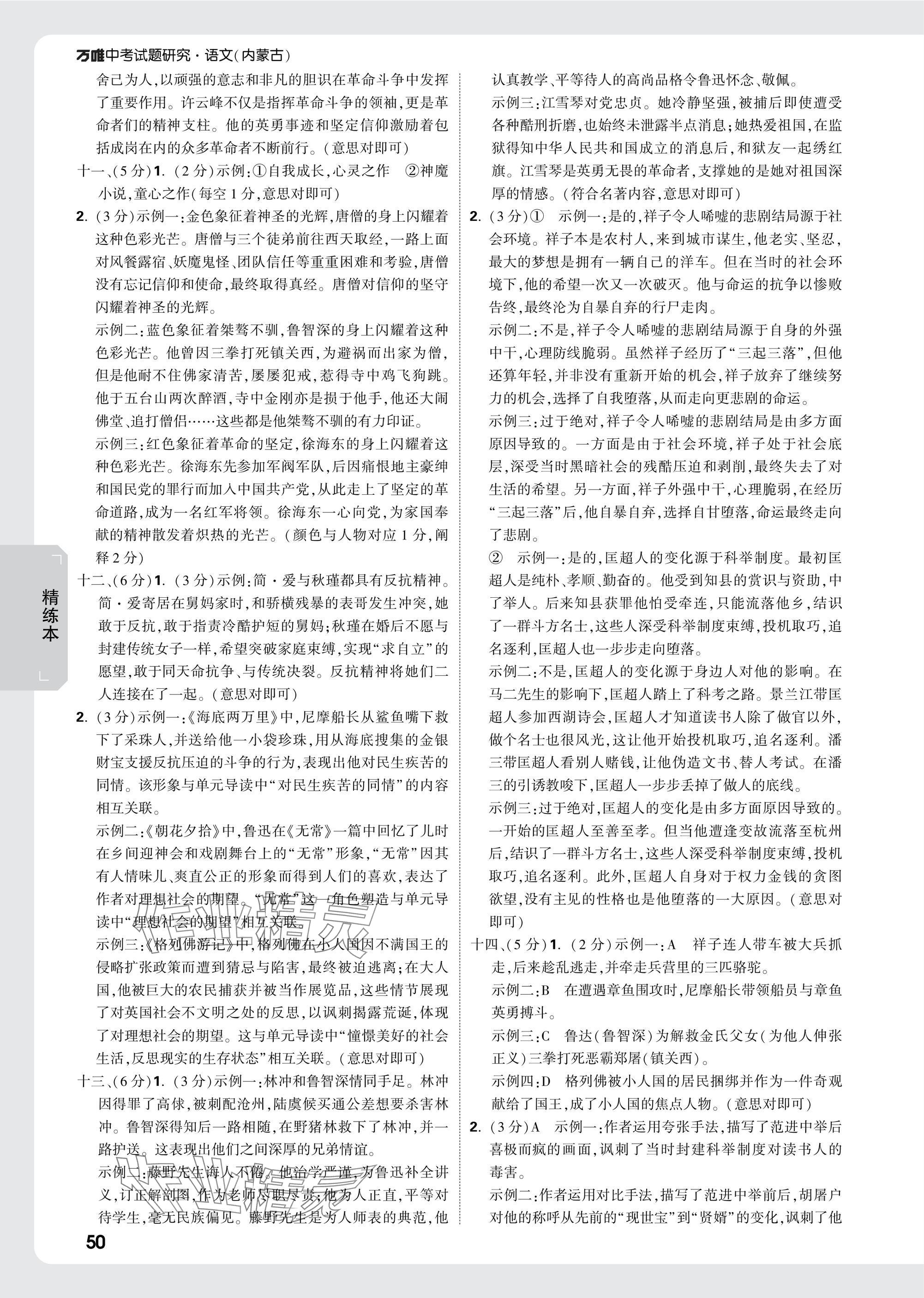 2025年万唯中考试题研究语文内蒙古专版 参考答案第14页