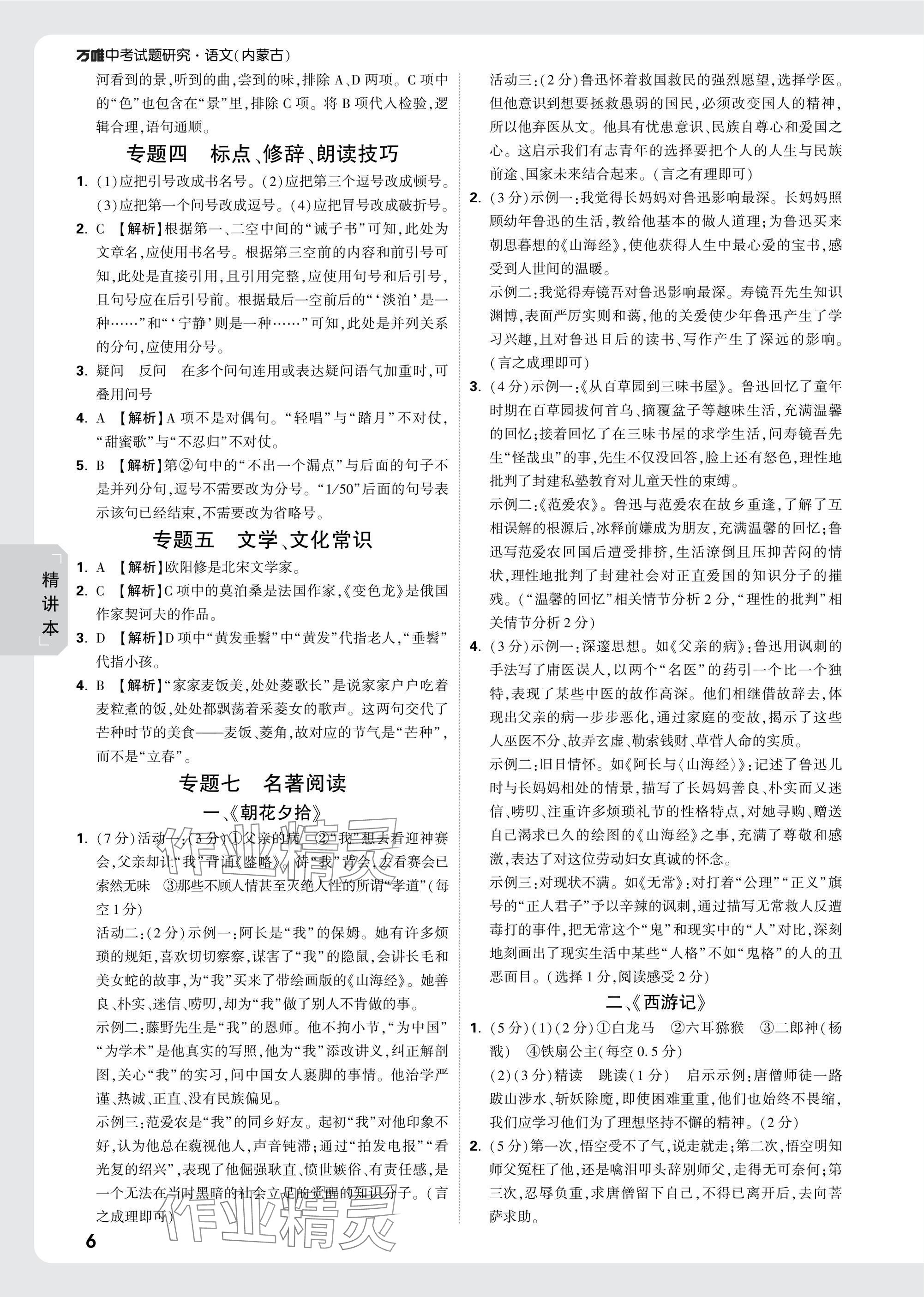 2025年万唯中考试题研究语文内蒙古专版 参考答案第6页
