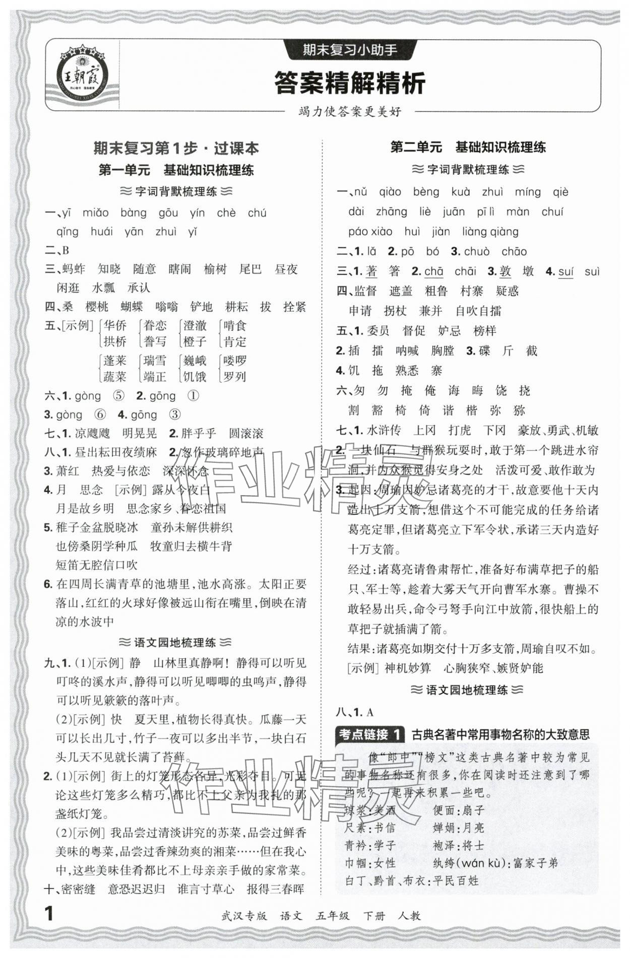 2024年王朝霞期末真题精编五年级语文下册人教版武汉专版 参考答案第1页