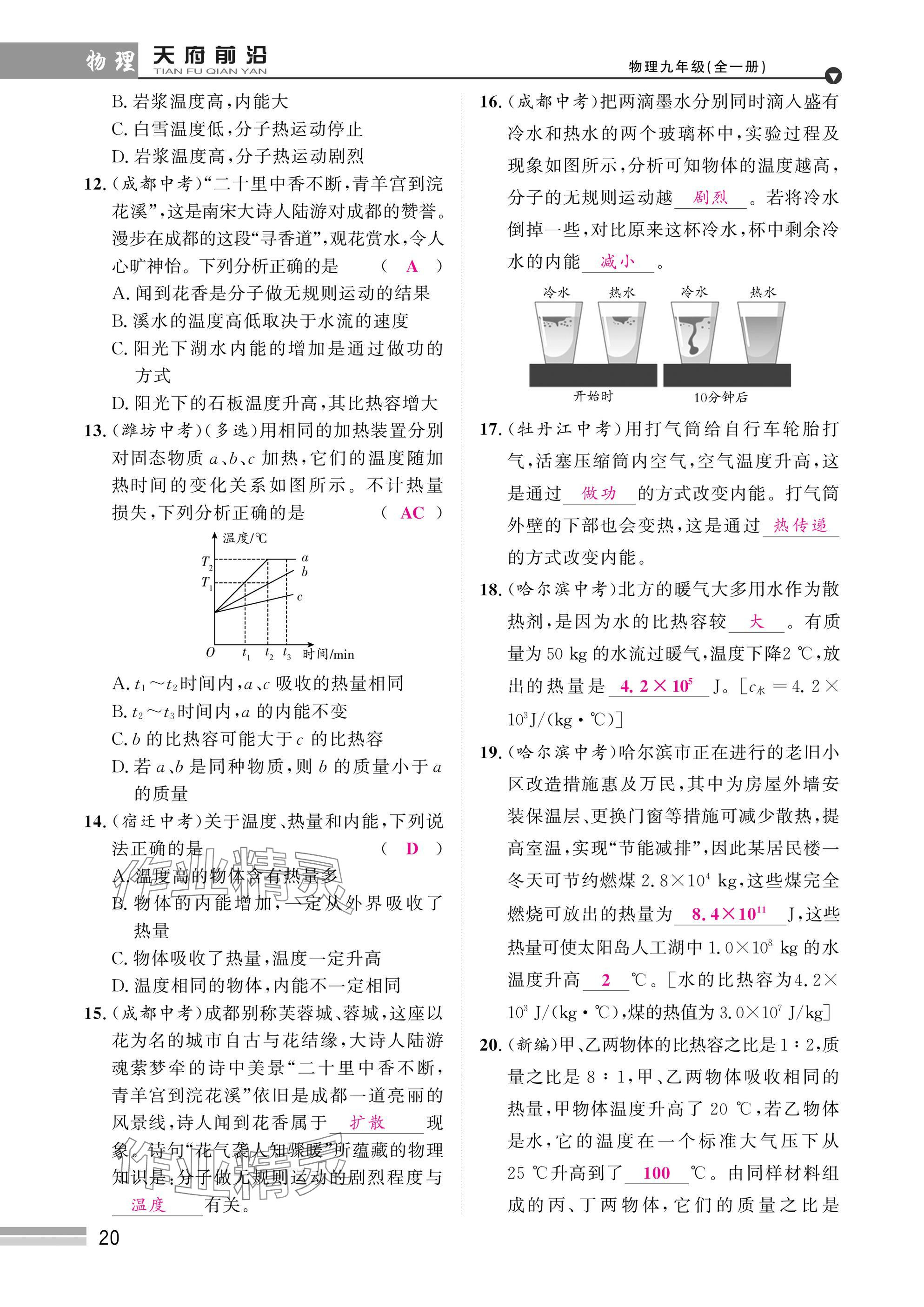 2025年天府前沿課時同步培優(yōu)訓(xùn)練九年級物理全一冊教科版 參考答案第20頁