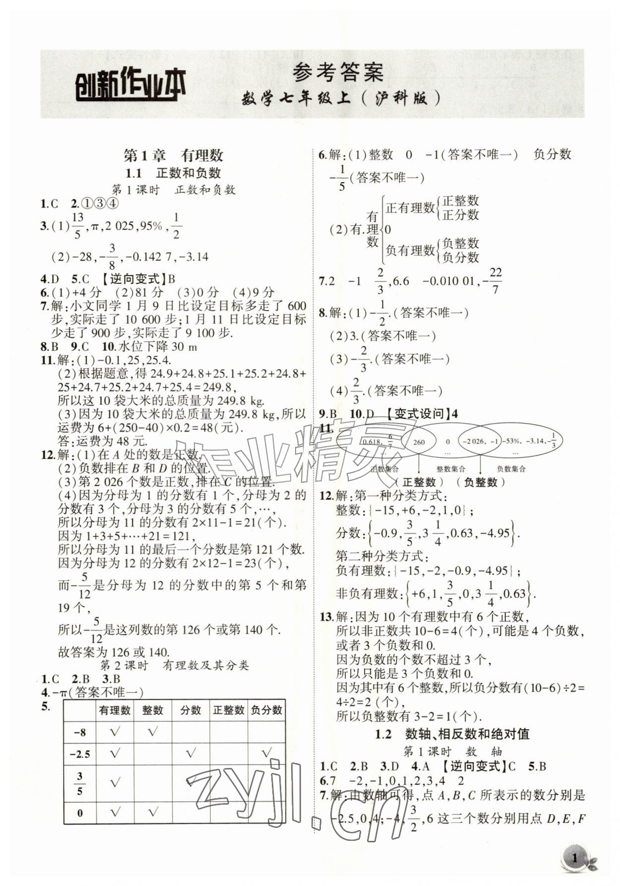 2026年创新课堂创新作业本七年级数学上册沪科版&nbsp;第1页