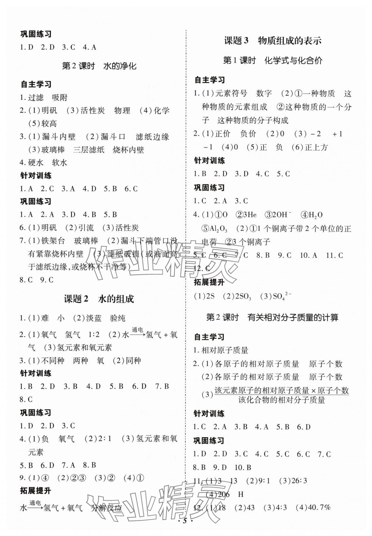 2024年本土攻略九年级化学全一册人教版 参考答案第5页