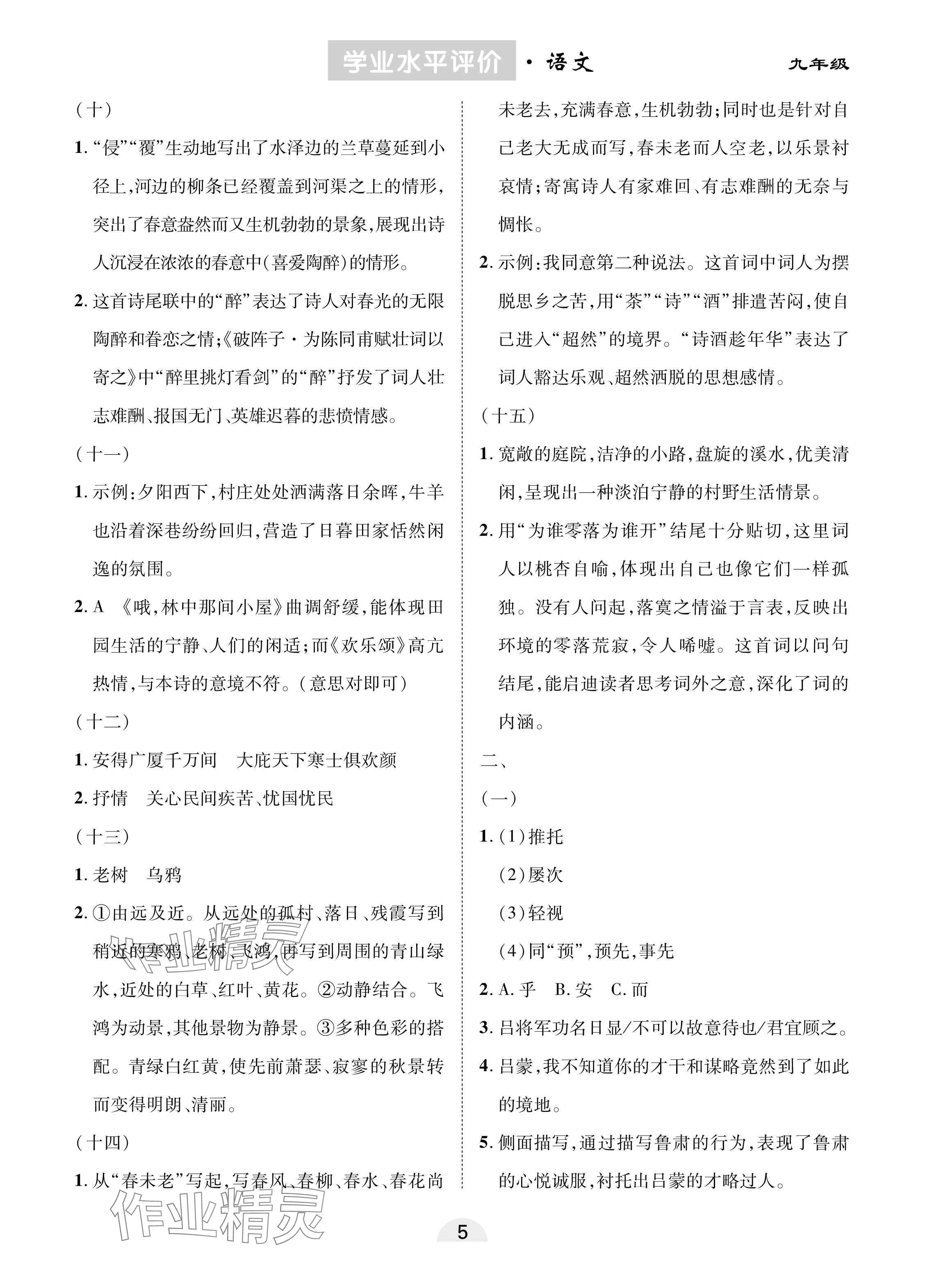 2025年學業(yè)水平評價同步檢測卷九年級語文下冊人教版 參考答案第5頁