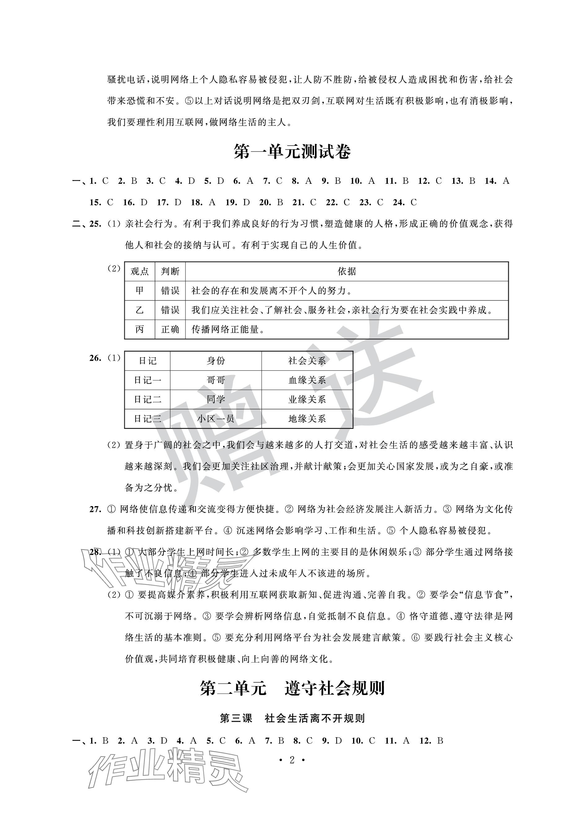 2023年自主學(xué)習(xí)與測評單元活頁卷八年級道德與法治上冊人教版 參考答案第2頁