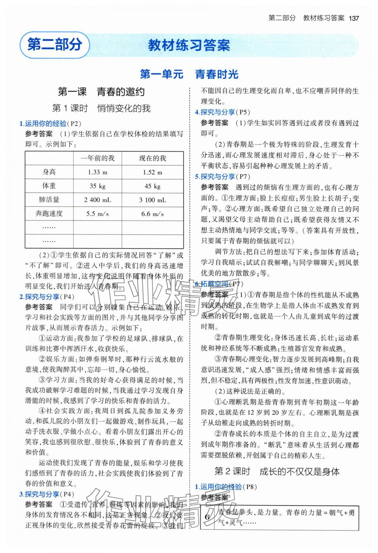 2024年教材课本七年级道德与法治下册人教版 参考答案第1页