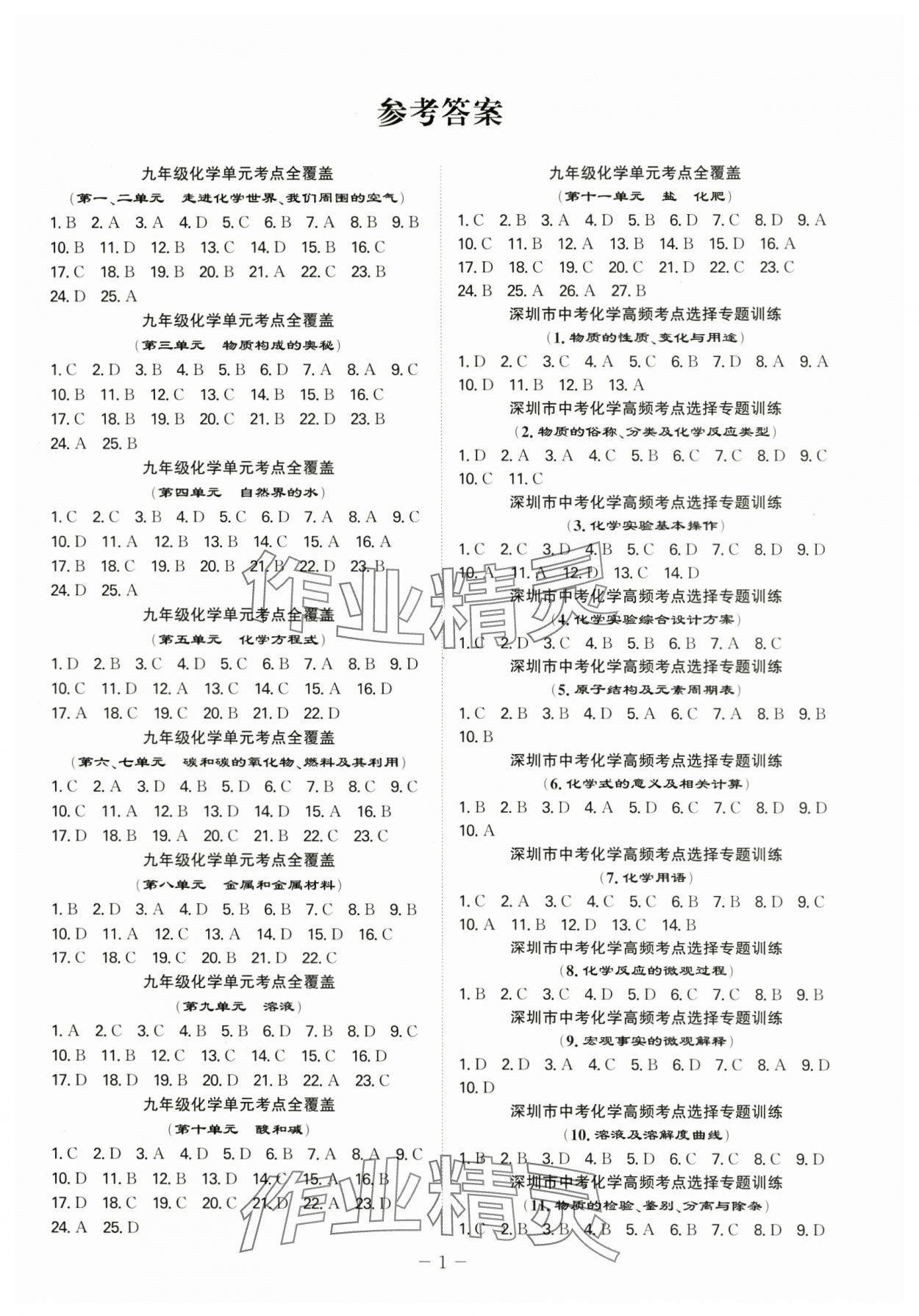 2024年一本到位化学深圳专版 参考答案第1页