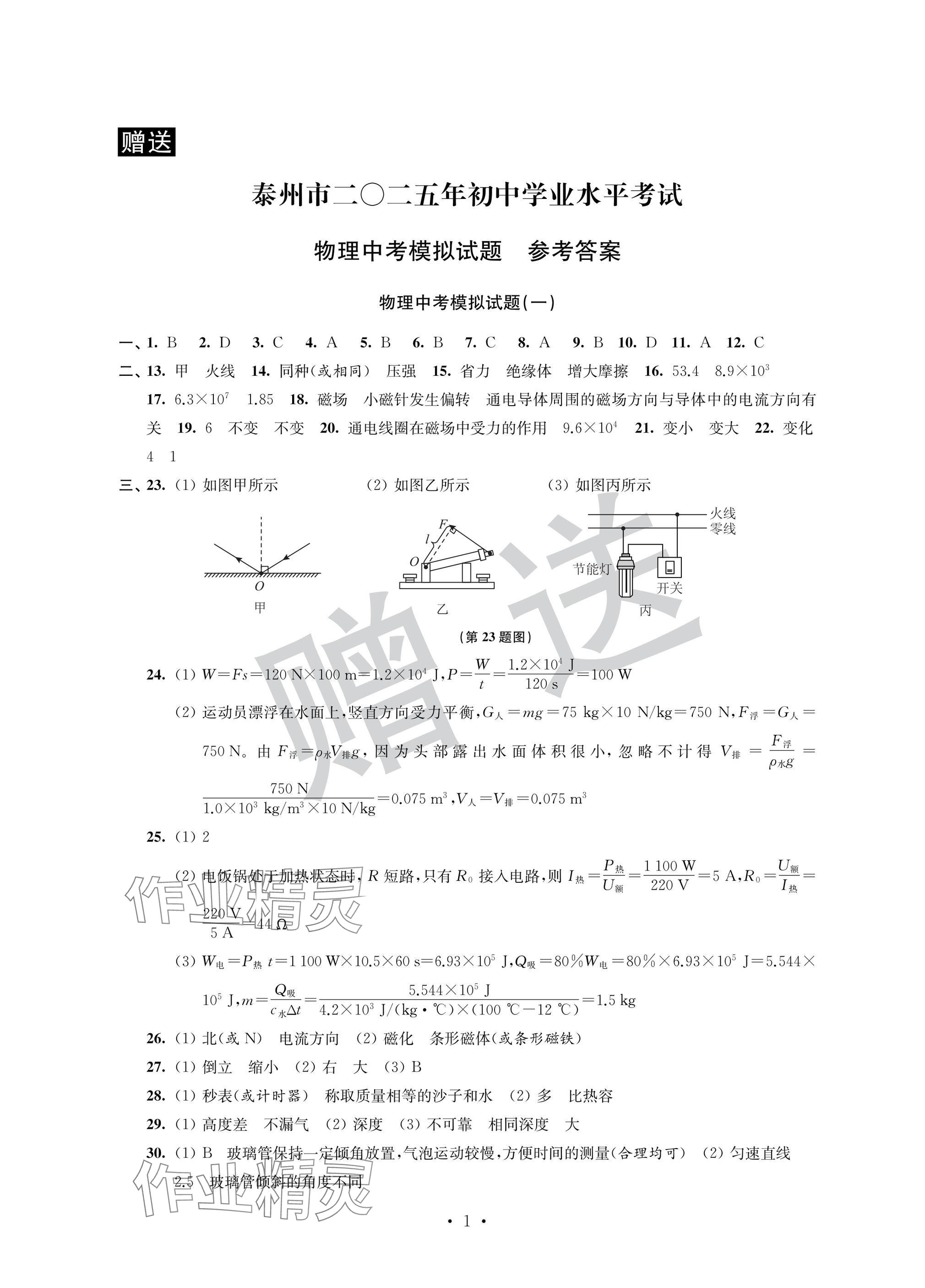 2025年取胜通关中考模拟卷能力提升物理 参考答案第1页