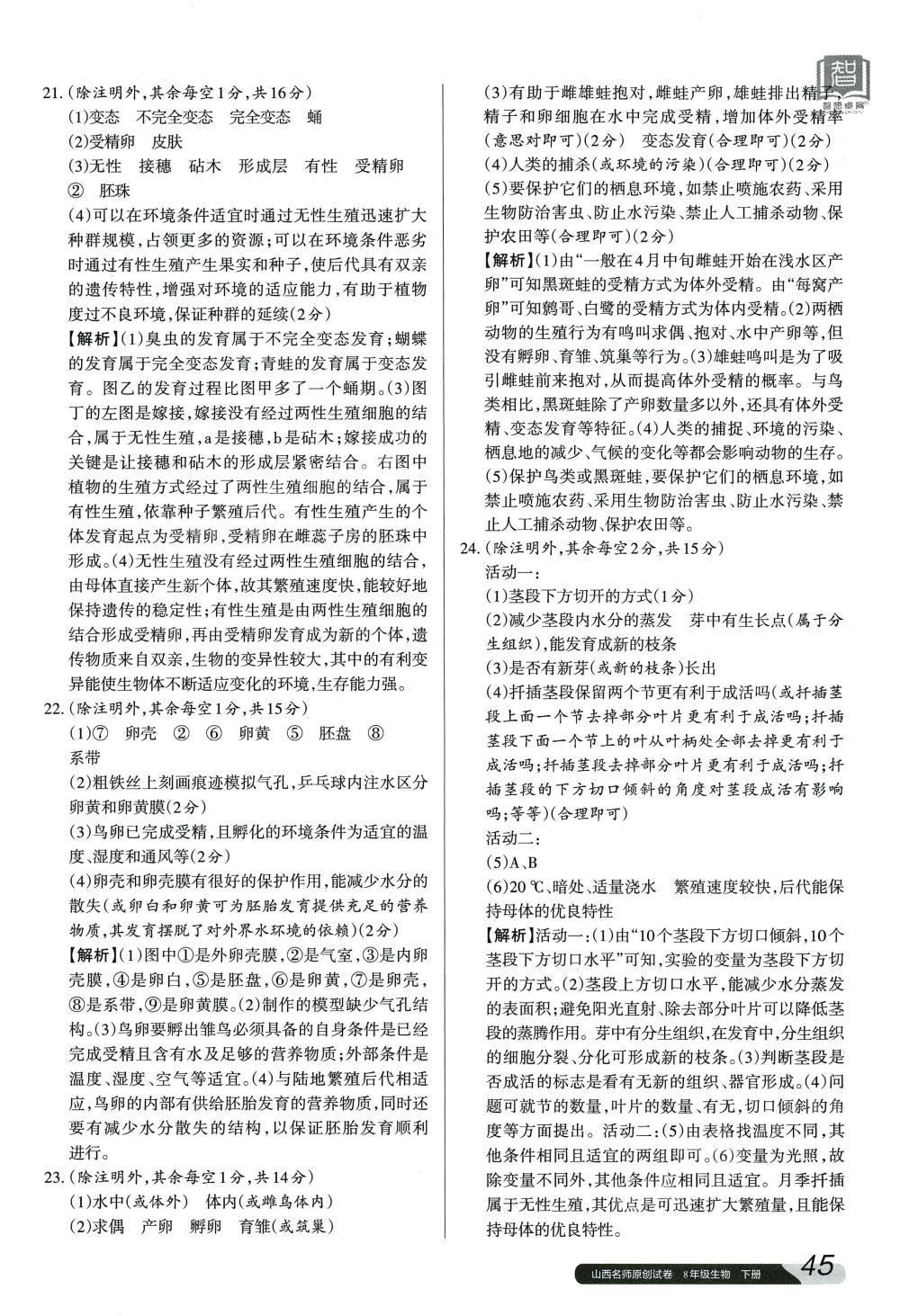 2024年山西名師原創(chuàng)試卷八年級生物下冊 參考答案第2頁