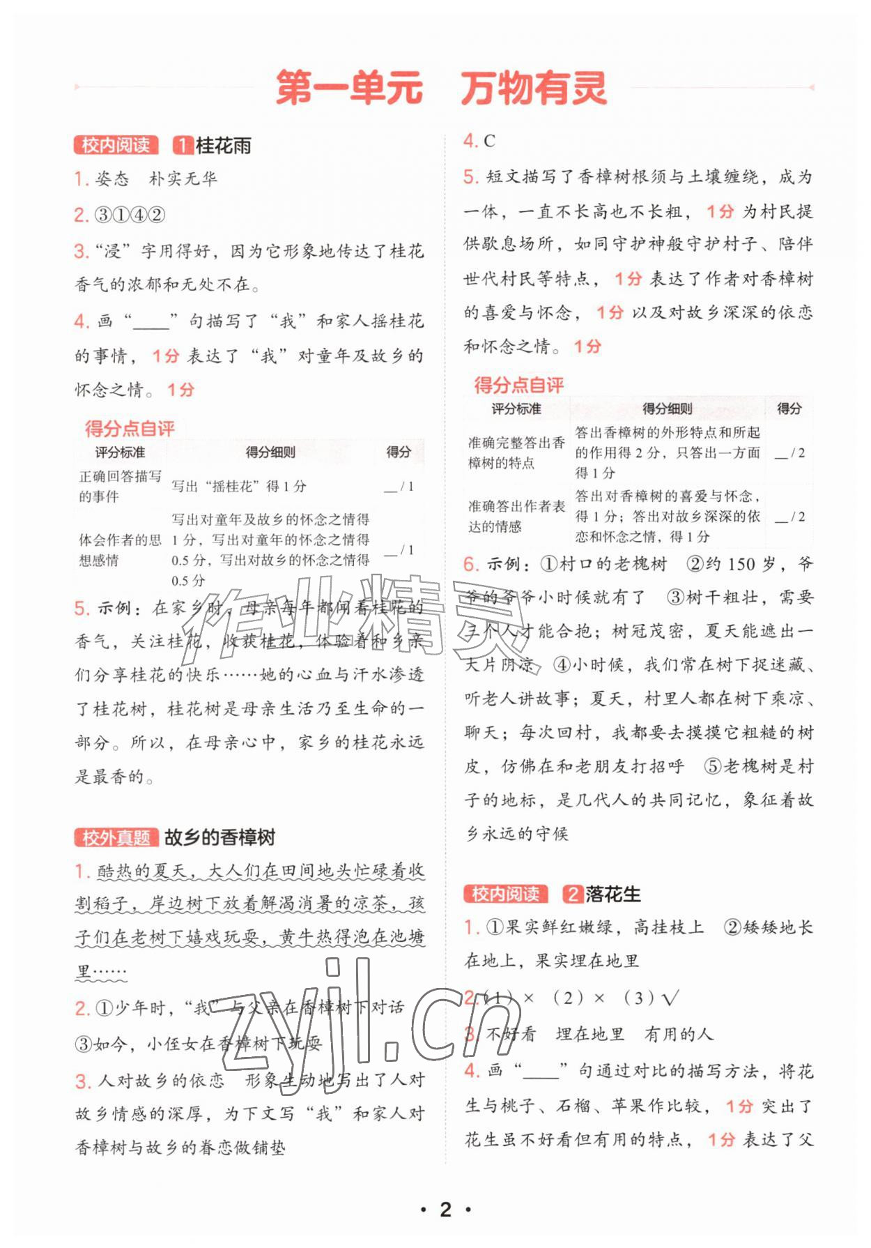 2026年阅读理解有模版五年级语文上册人教版&nbsp;参考答案第1页