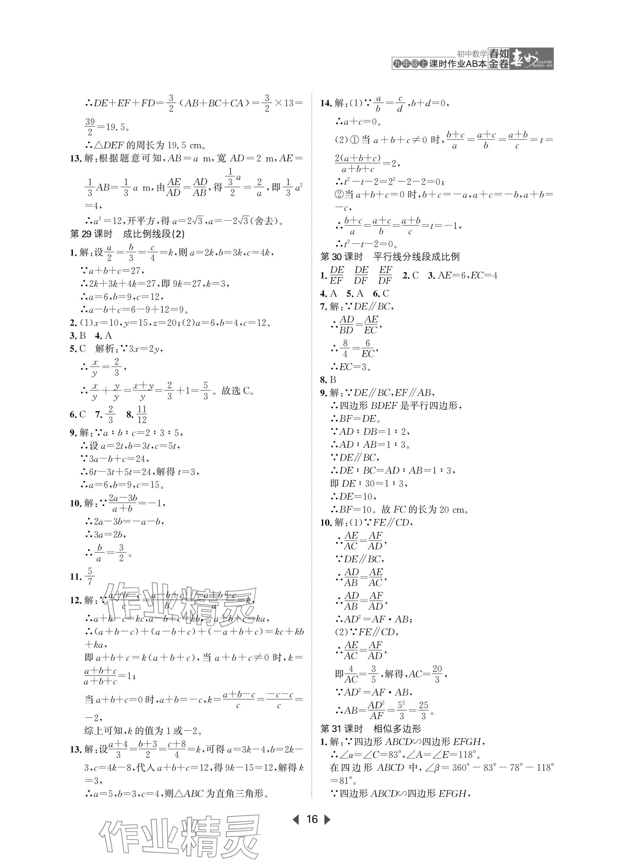2025年春如金卷課時(shí)作業(yè)AB本九年級(jí)數(shù)學(xué)上冊(cè)北師大版 參考答案第16頁(yè)