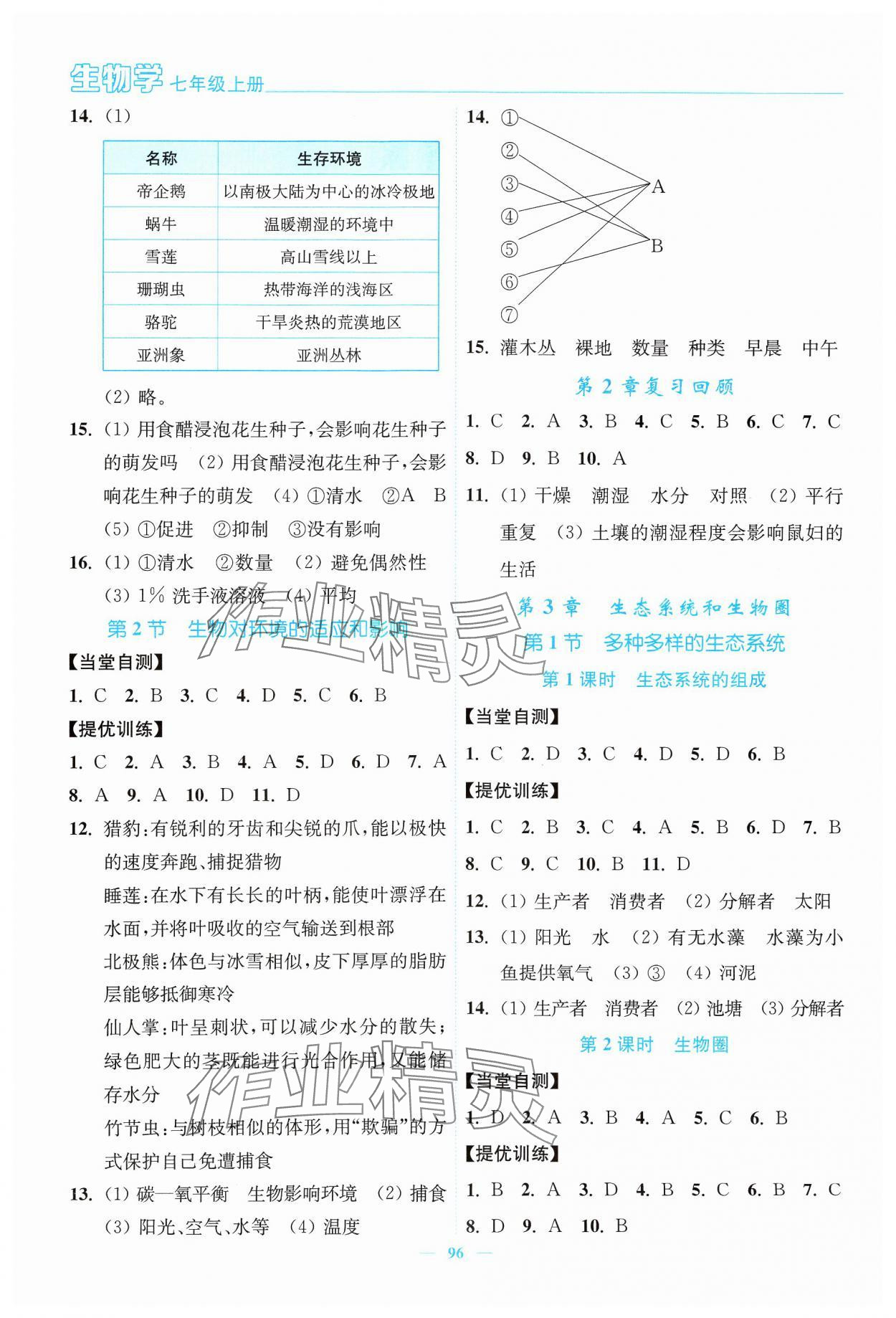 2024年南通小題課時(shí)作業(yè)本七年級生物上冊蘇科版 參考答案第2頁