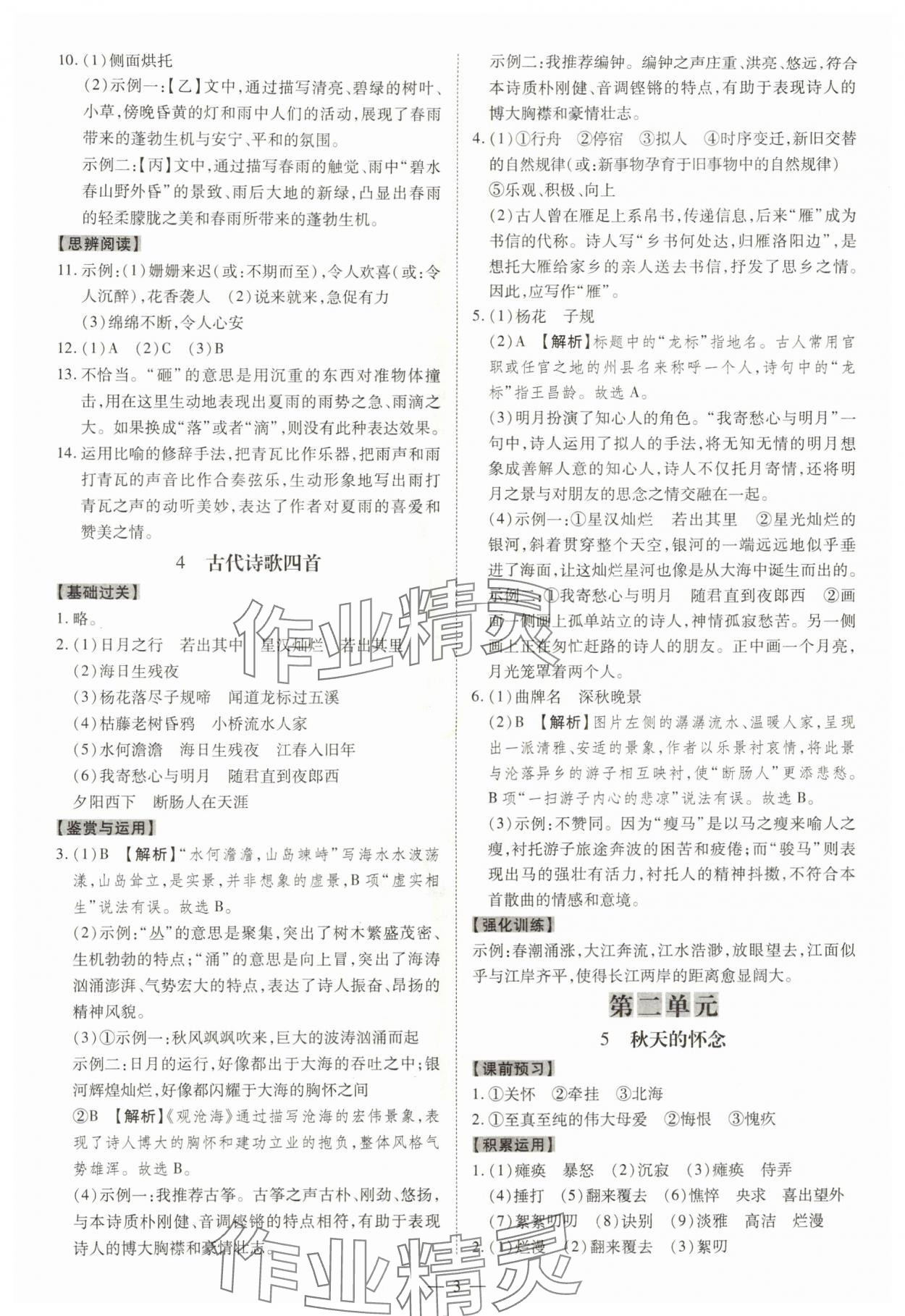 2025年同步冲刺七年级语文上册人教版&nbsp;参考答案第3页